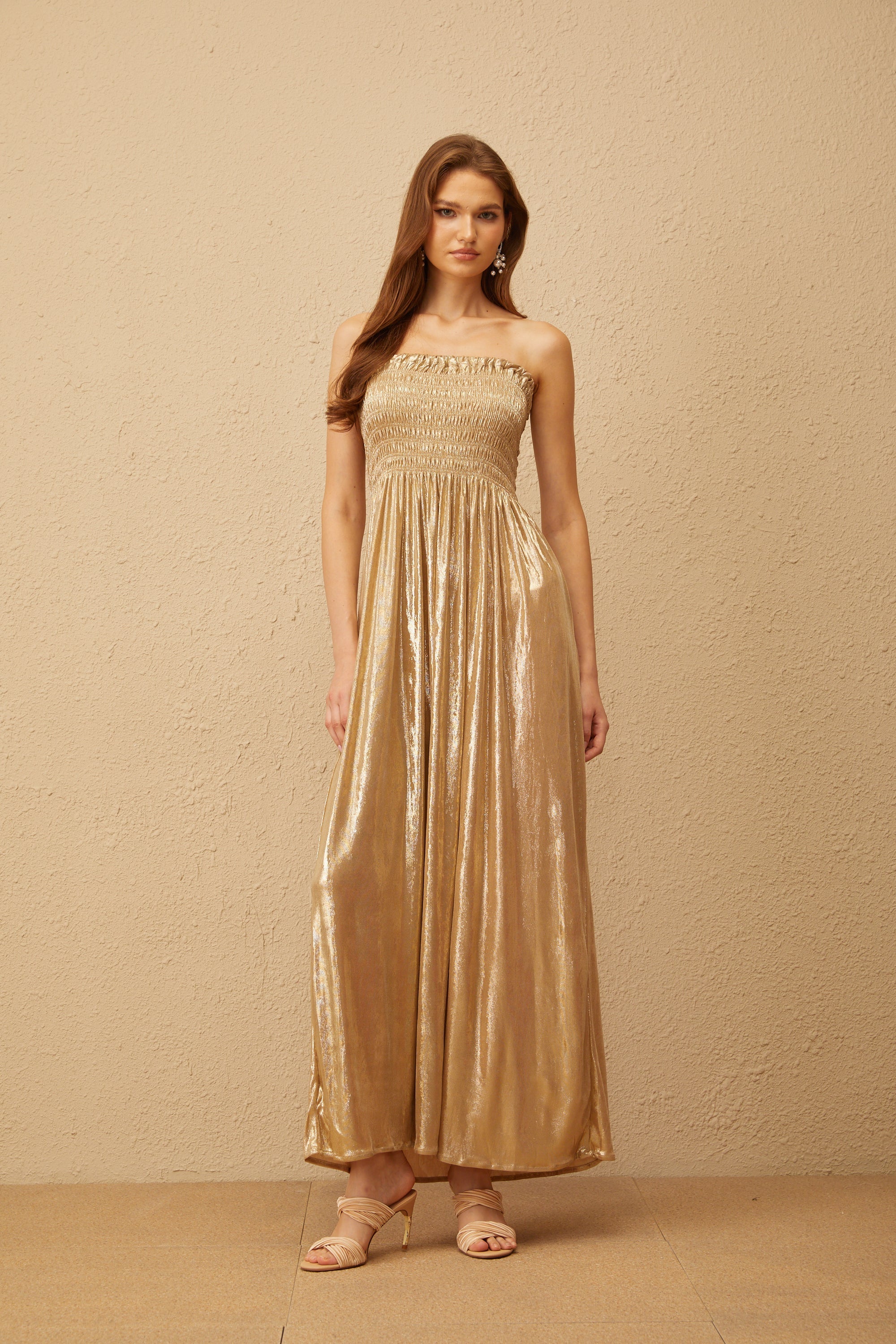 Tiphaine Gold Glossy Smocked Panel Midi Dress (Final Sale)