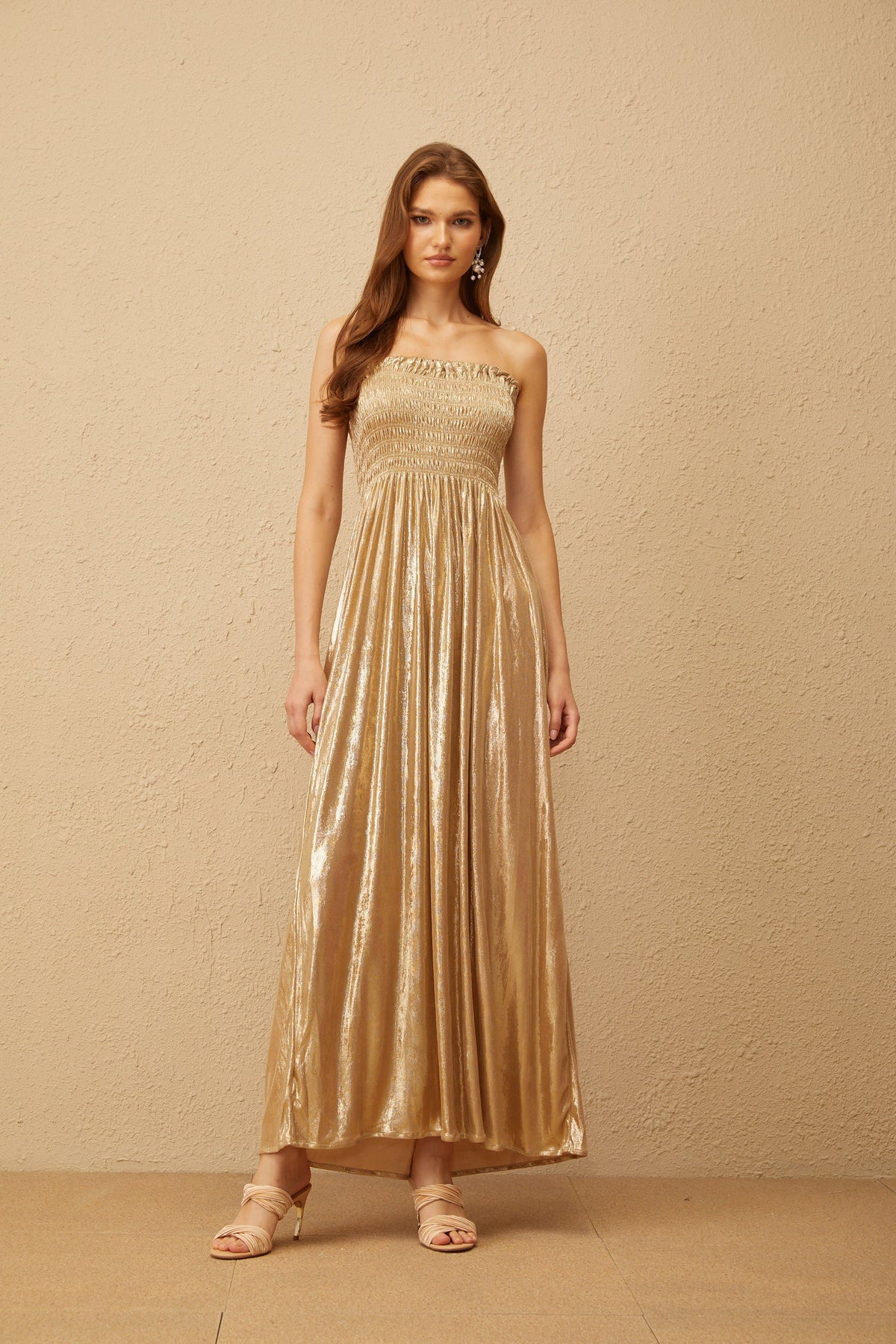 Tiphaine Gold Glossy Smocked Panel Midi Dress