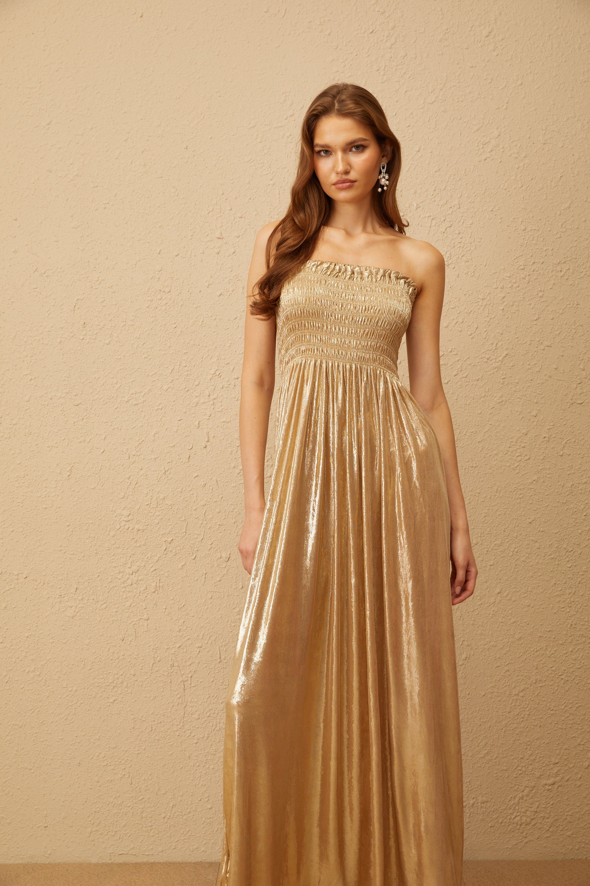Tiphaine Gold Glossy Smocked Panel Midi Dress (Final Sale)
