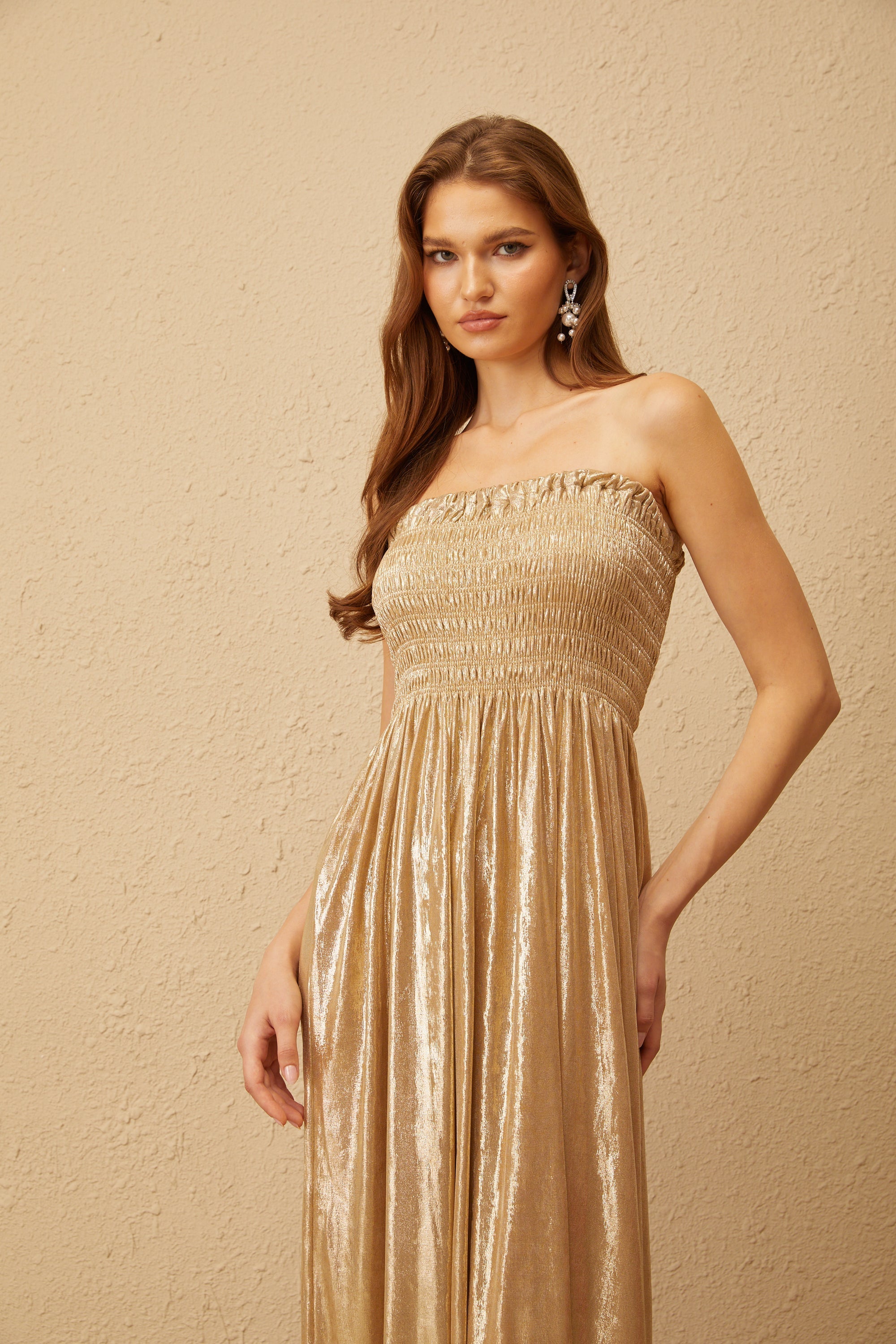 Tiphaine Gold Glossy Smocked Panel Midi Dress (Final Sale)
