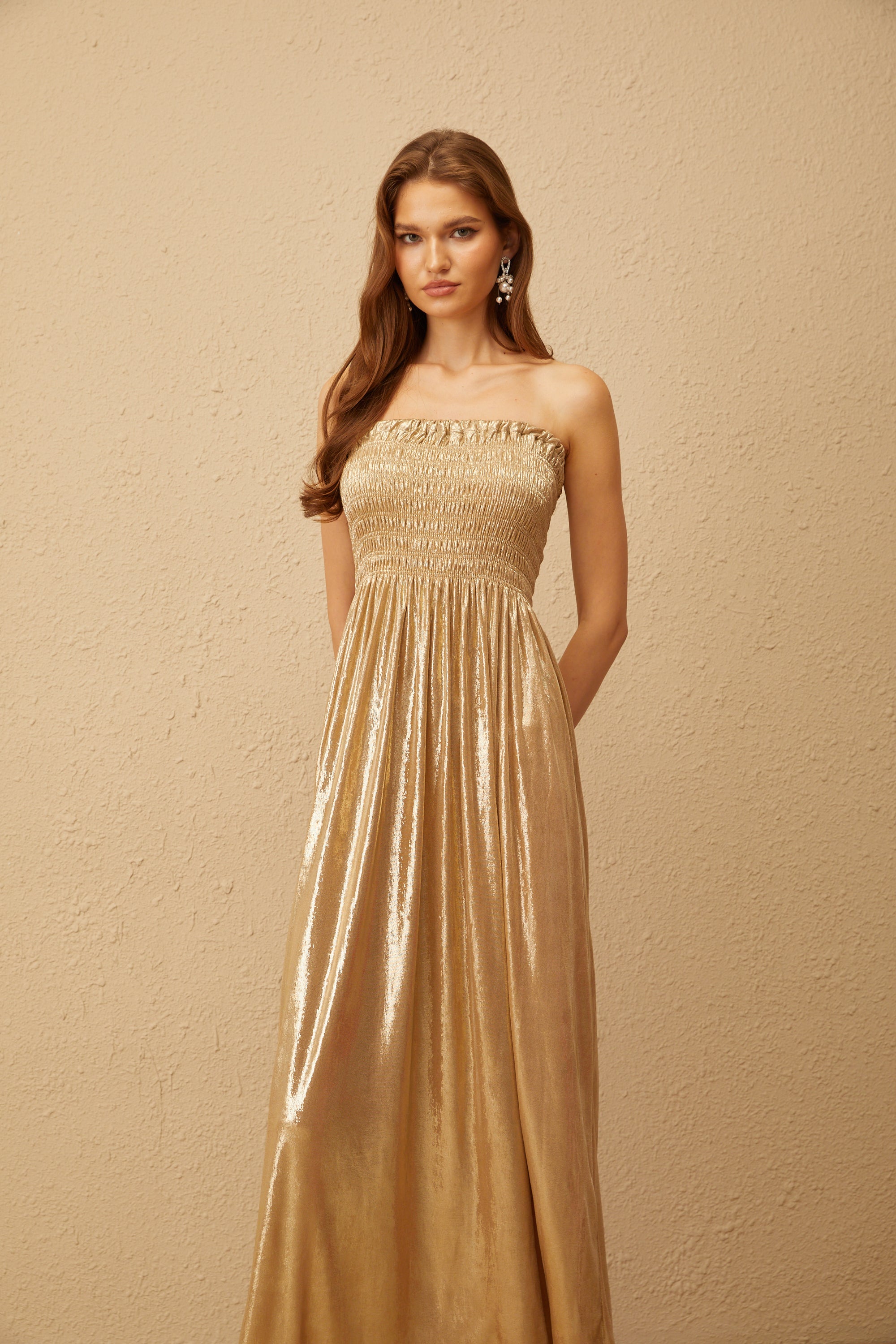 Tiphaine Gold Glossy Smocked Panel Midi Dress