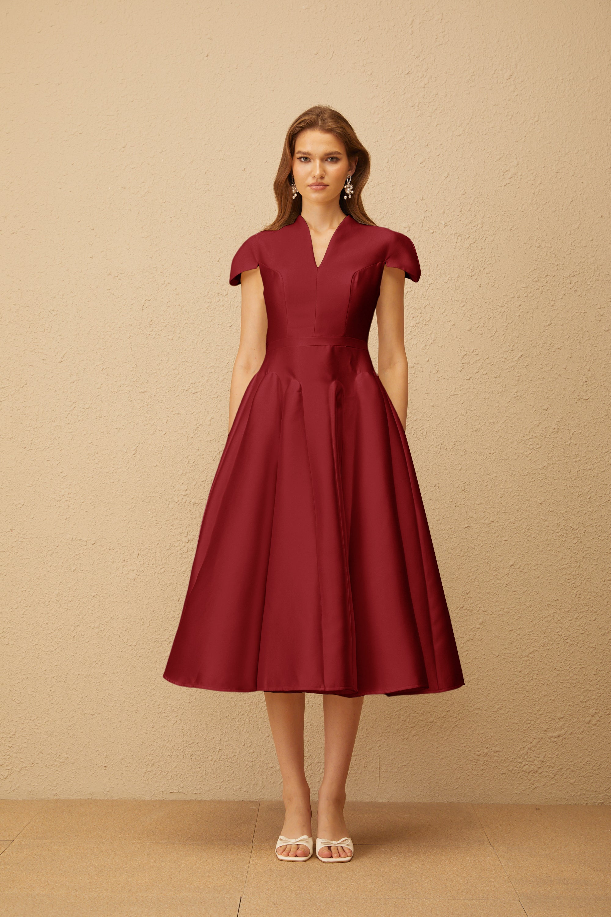 Aventin Red Godet Design Midi Dress