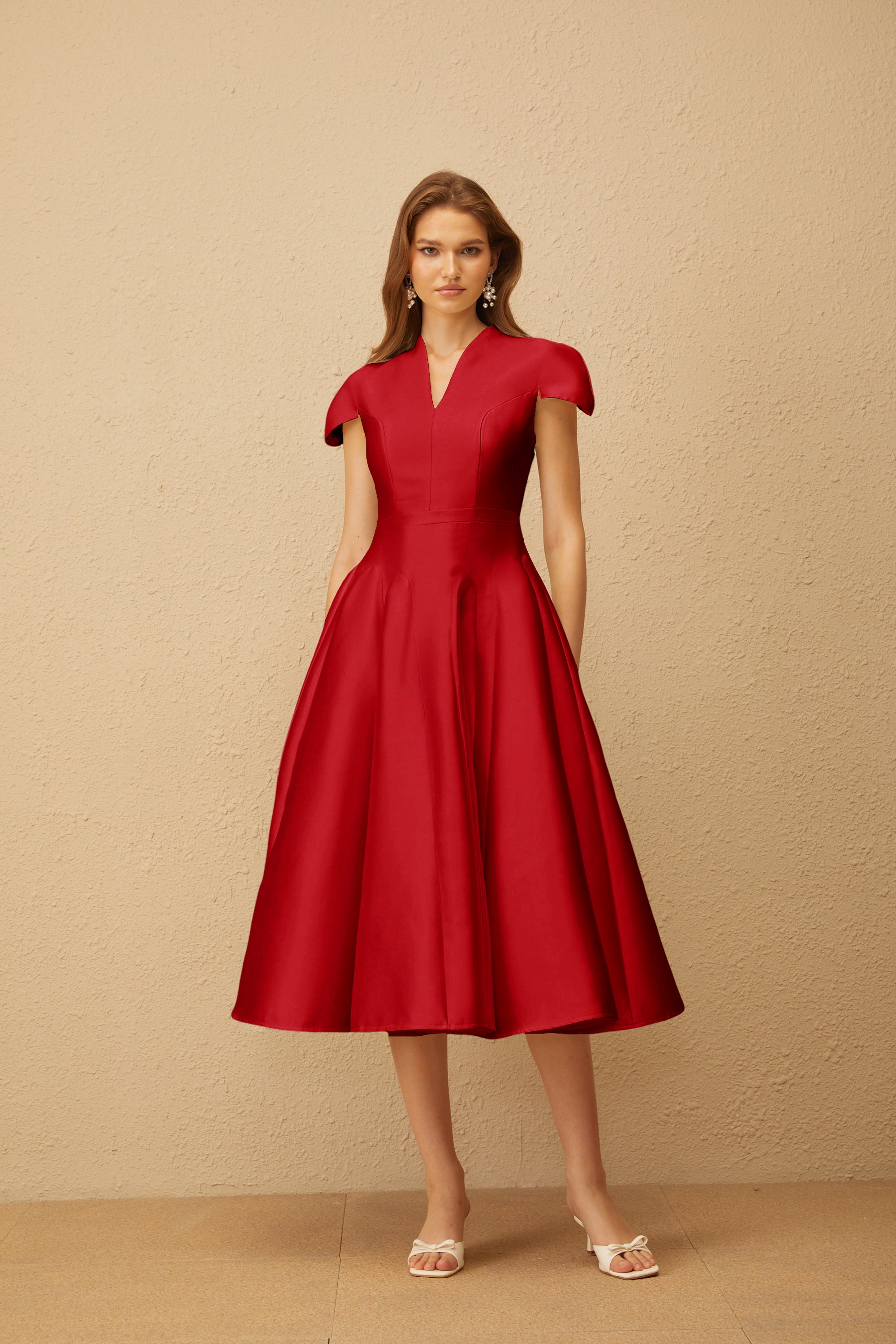 Aventin Red Godet Design Midi Dress