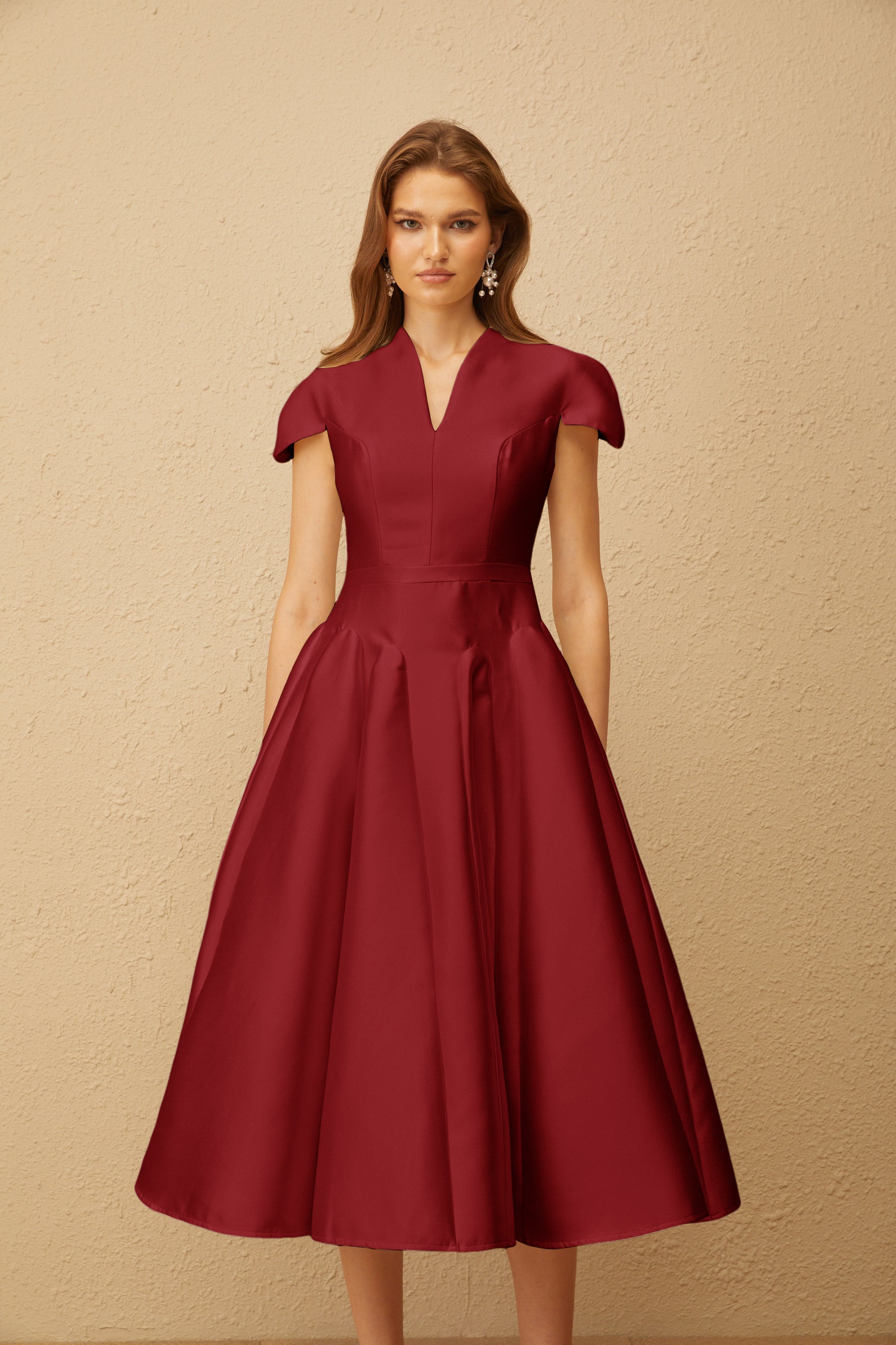 Aventin Red Godet Design Midi Dress