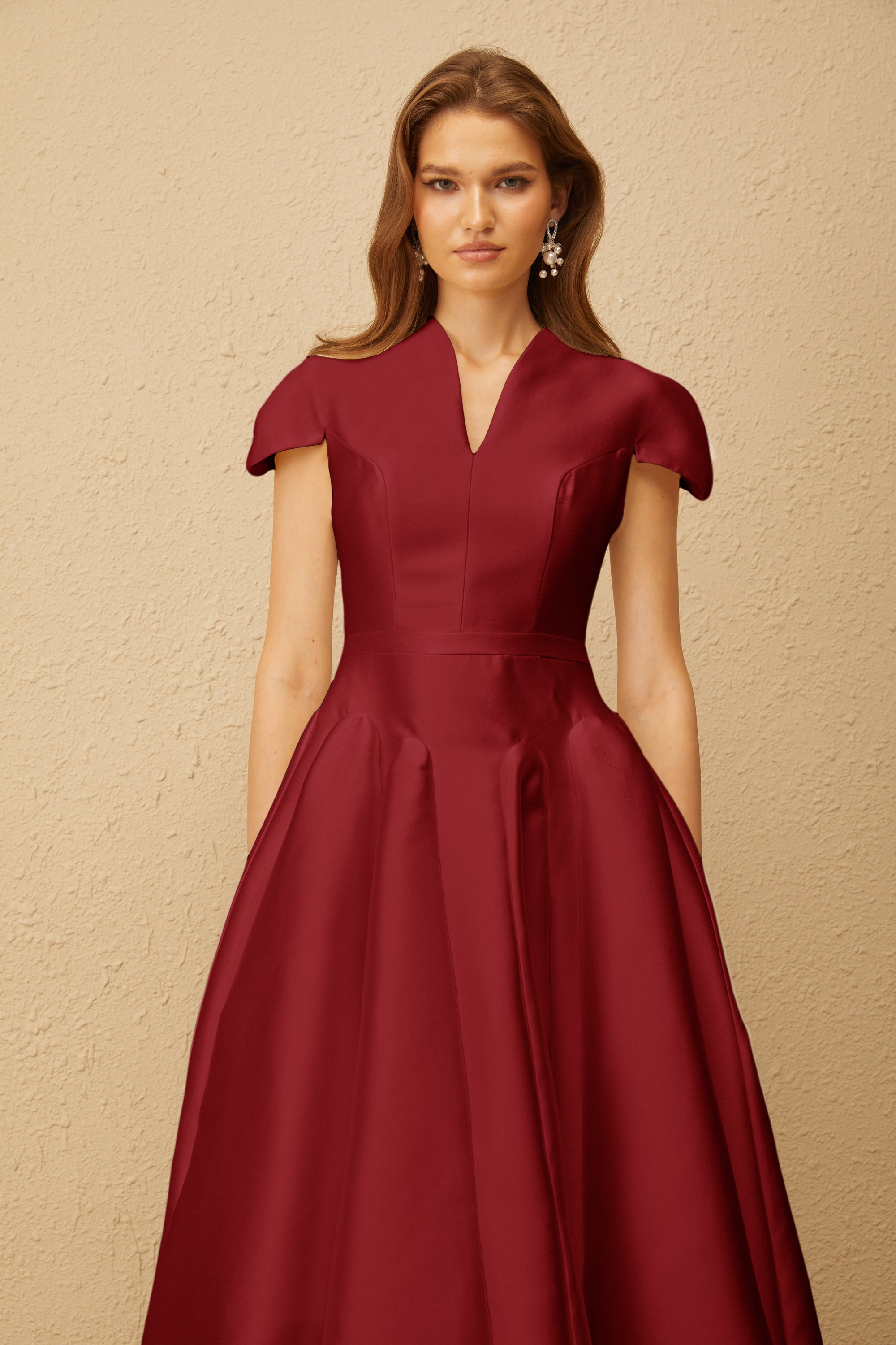 Aventin Red Godet Design Midi Dress