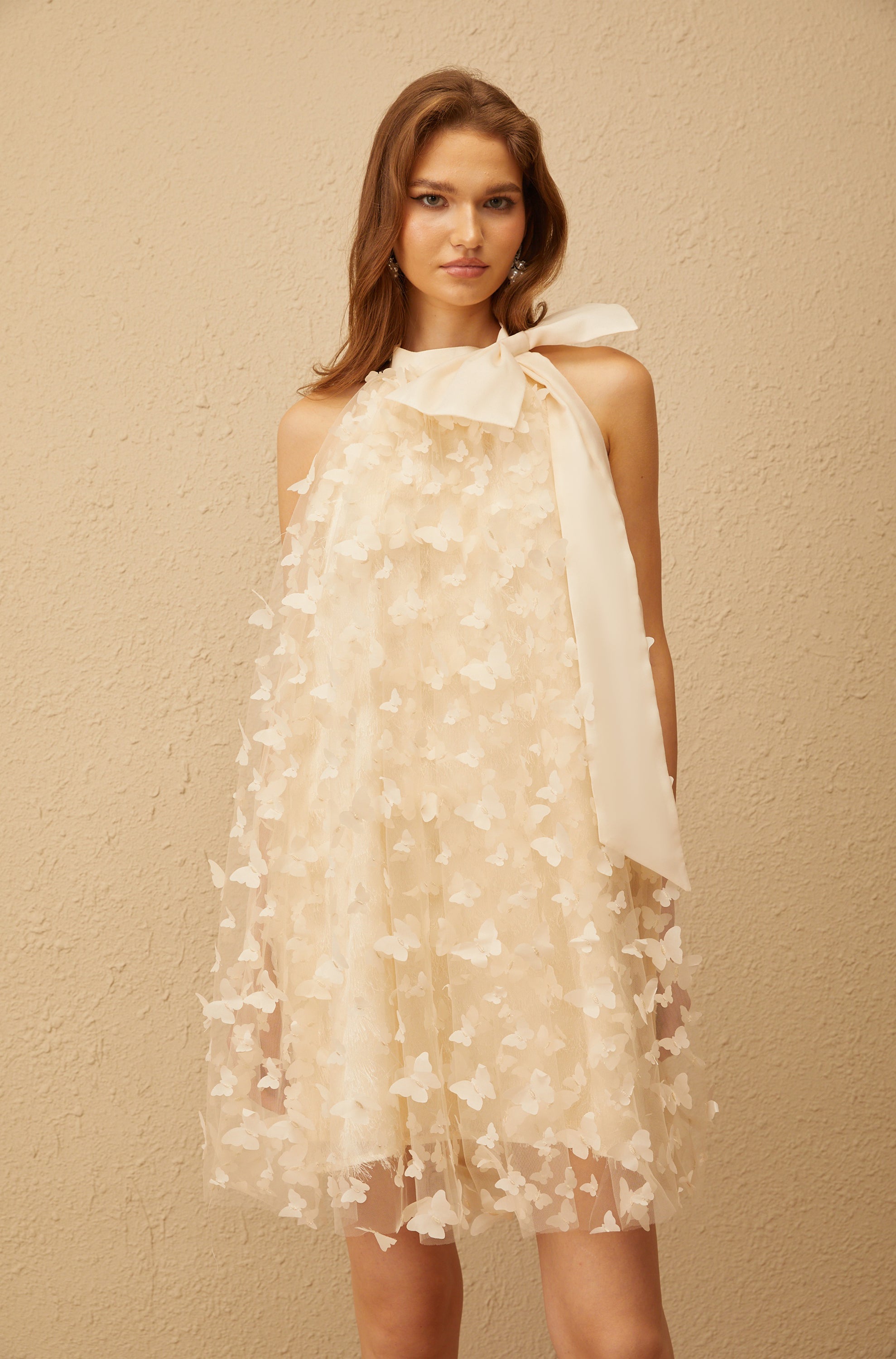 Brune Neutral 3D Butterfly Tulle Mini Dress - beige