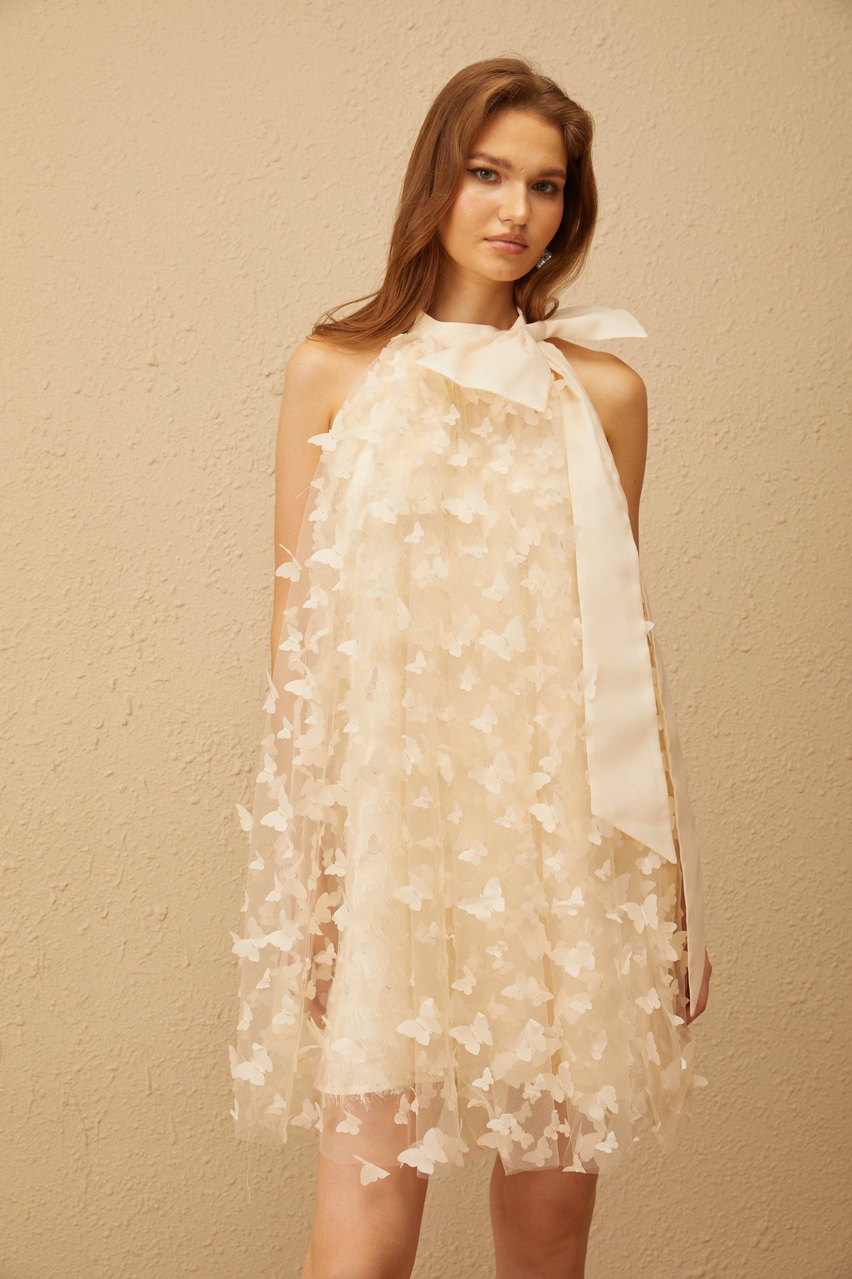 Brune Neutral 3D Butterfly Tulle Mini Dress - beige
