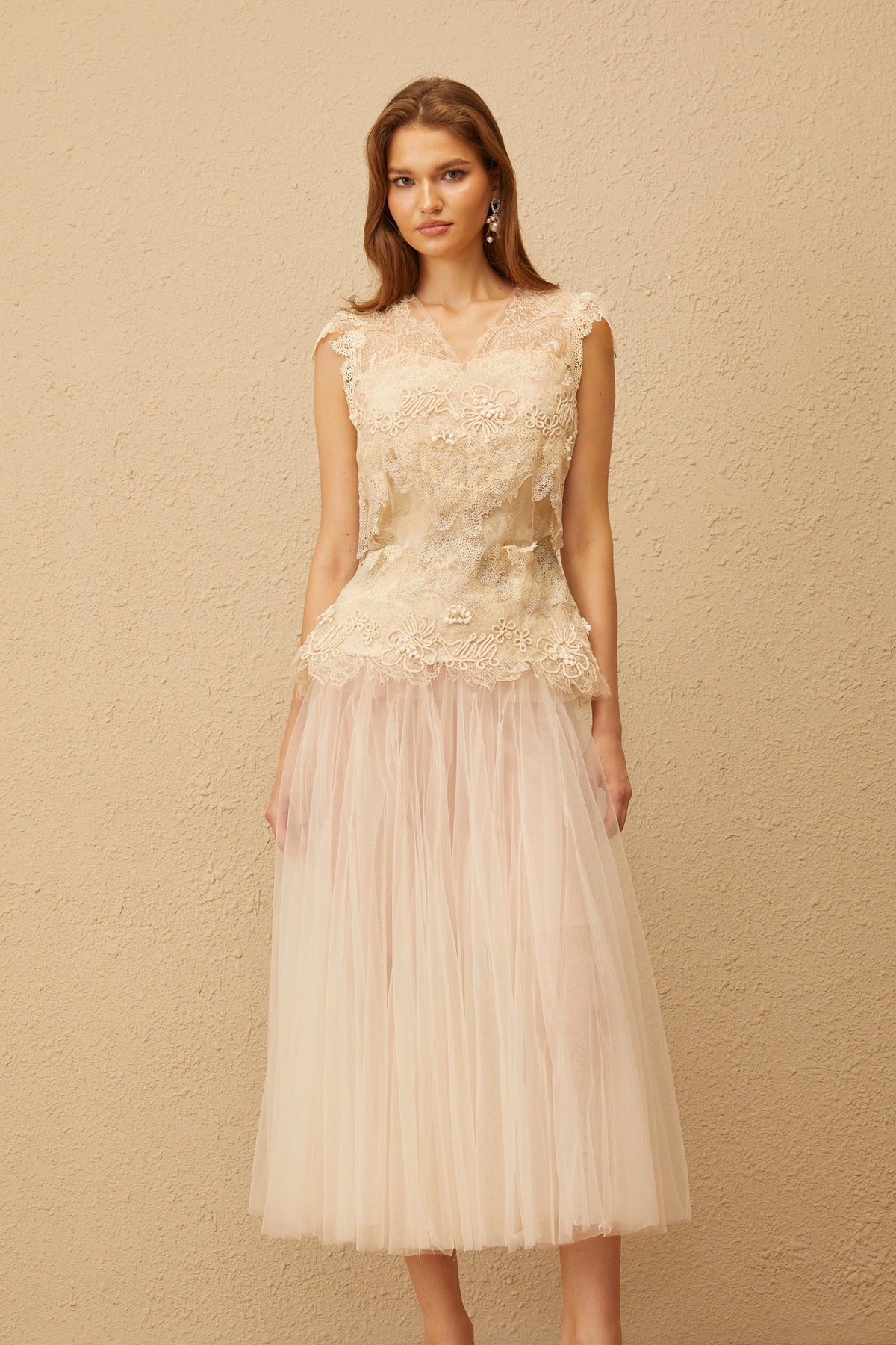 Marin Neutral Crochet Floral Tulle Top & Skirt Set