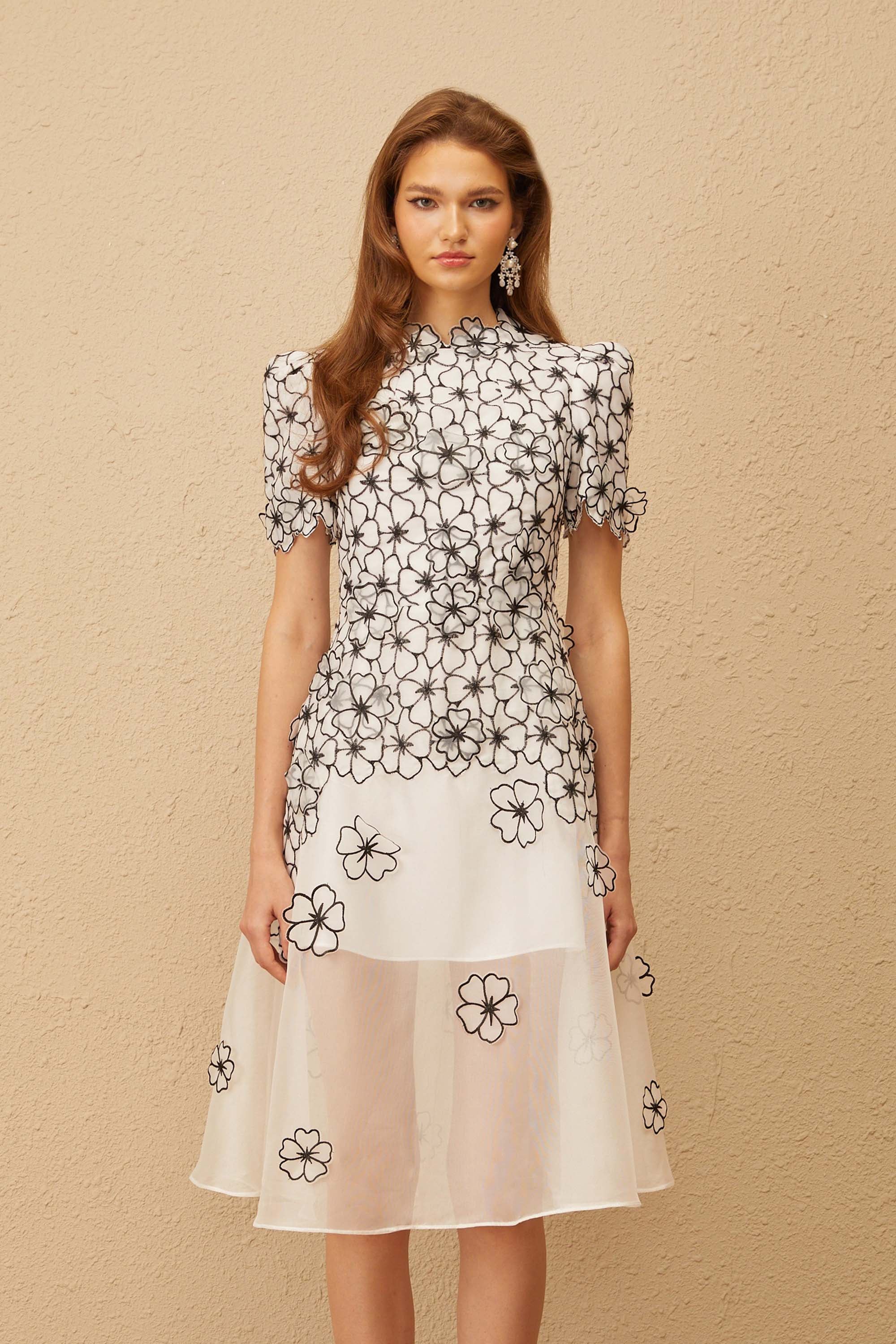 Yaelle White Floral Appliqué Tulle Midi Dress (Final Sale-US Only)