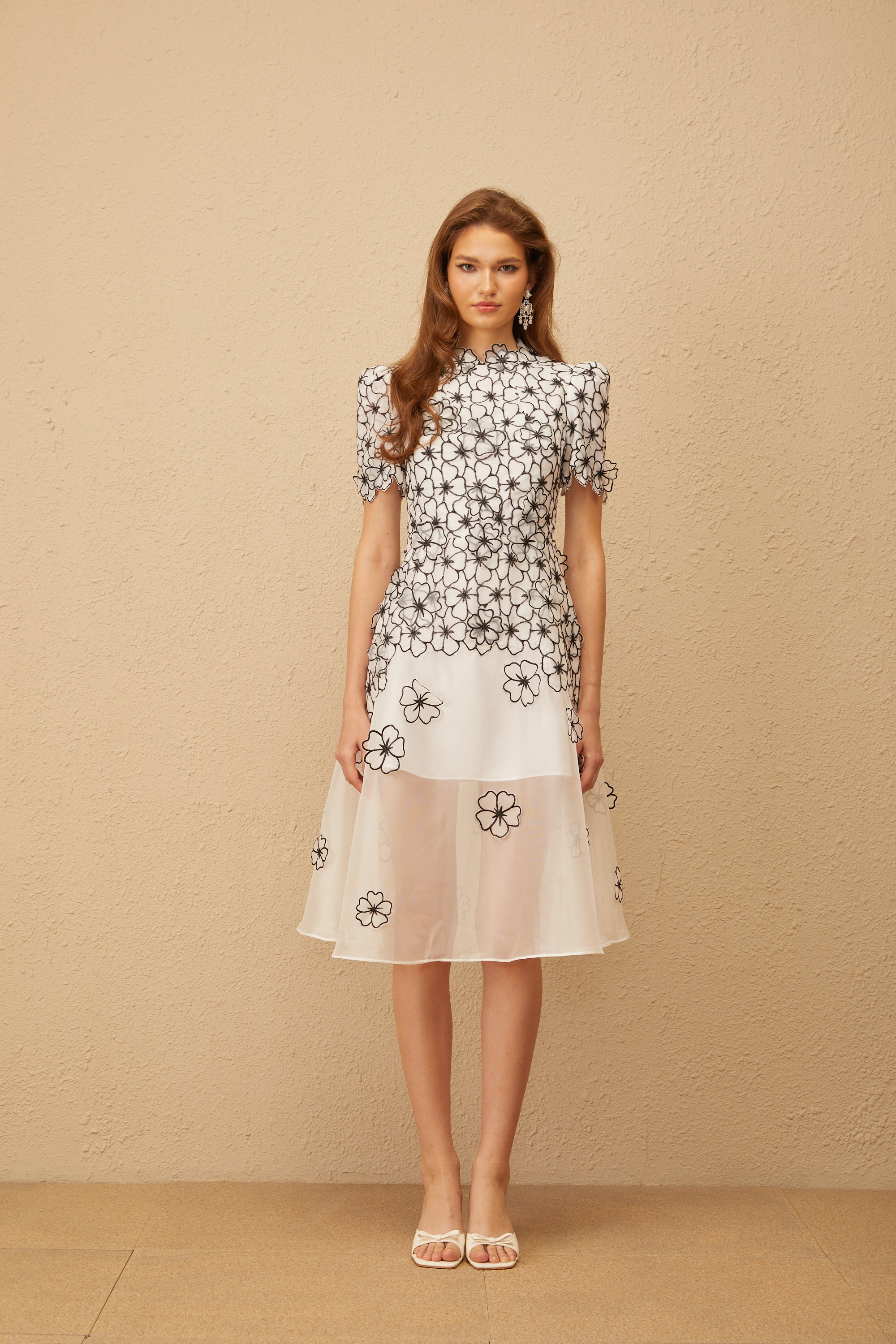 Yaelle White Floral Appliqué Tulle Midi Dress (Final Sale-US Only)