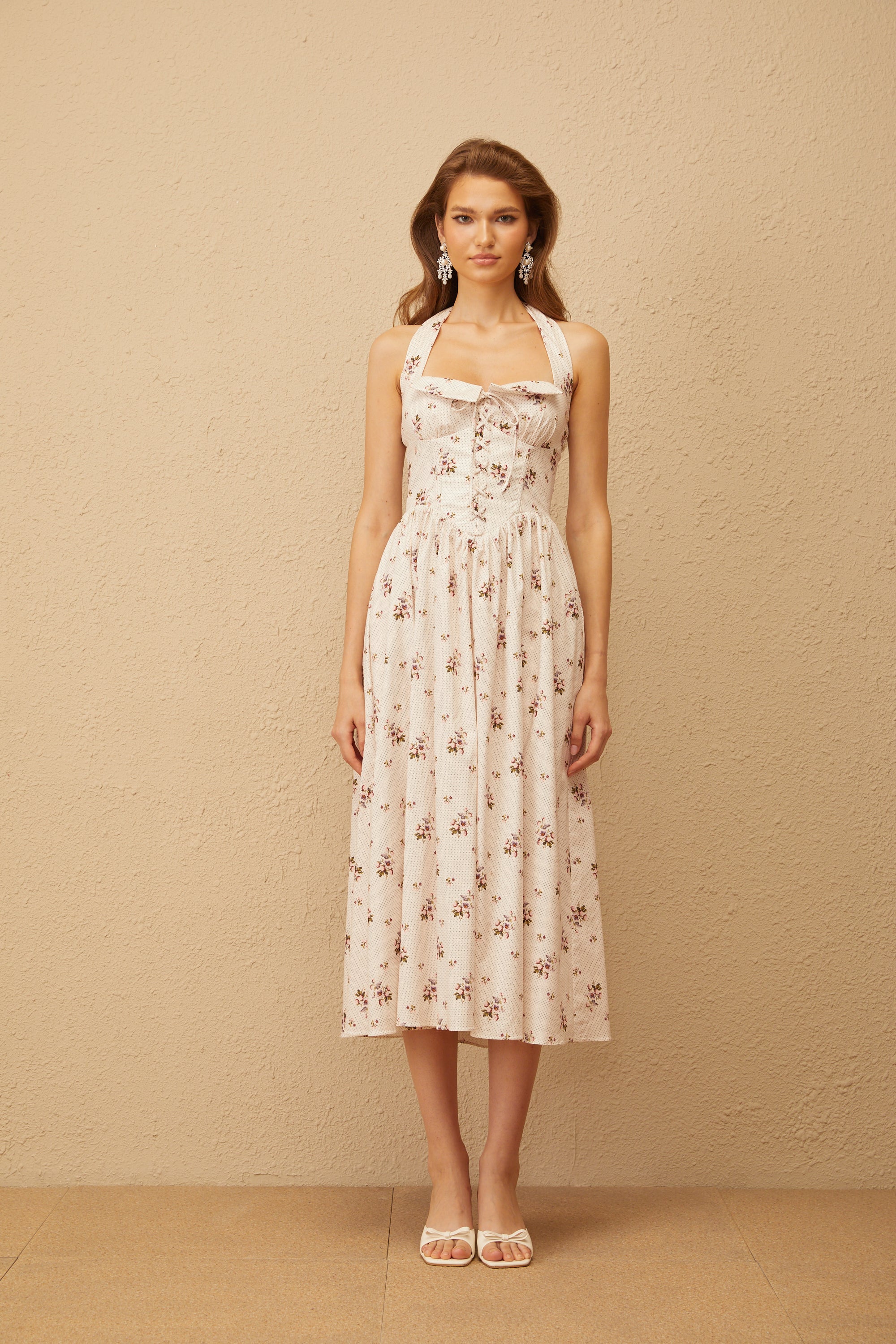Eugénie White Polka Dot Floral Midi Dress (Final Sale)