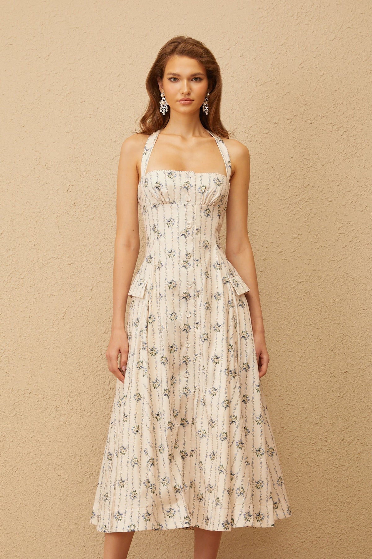 Estelle White Halterneck Floral Print Midi Dress (Final Sale)