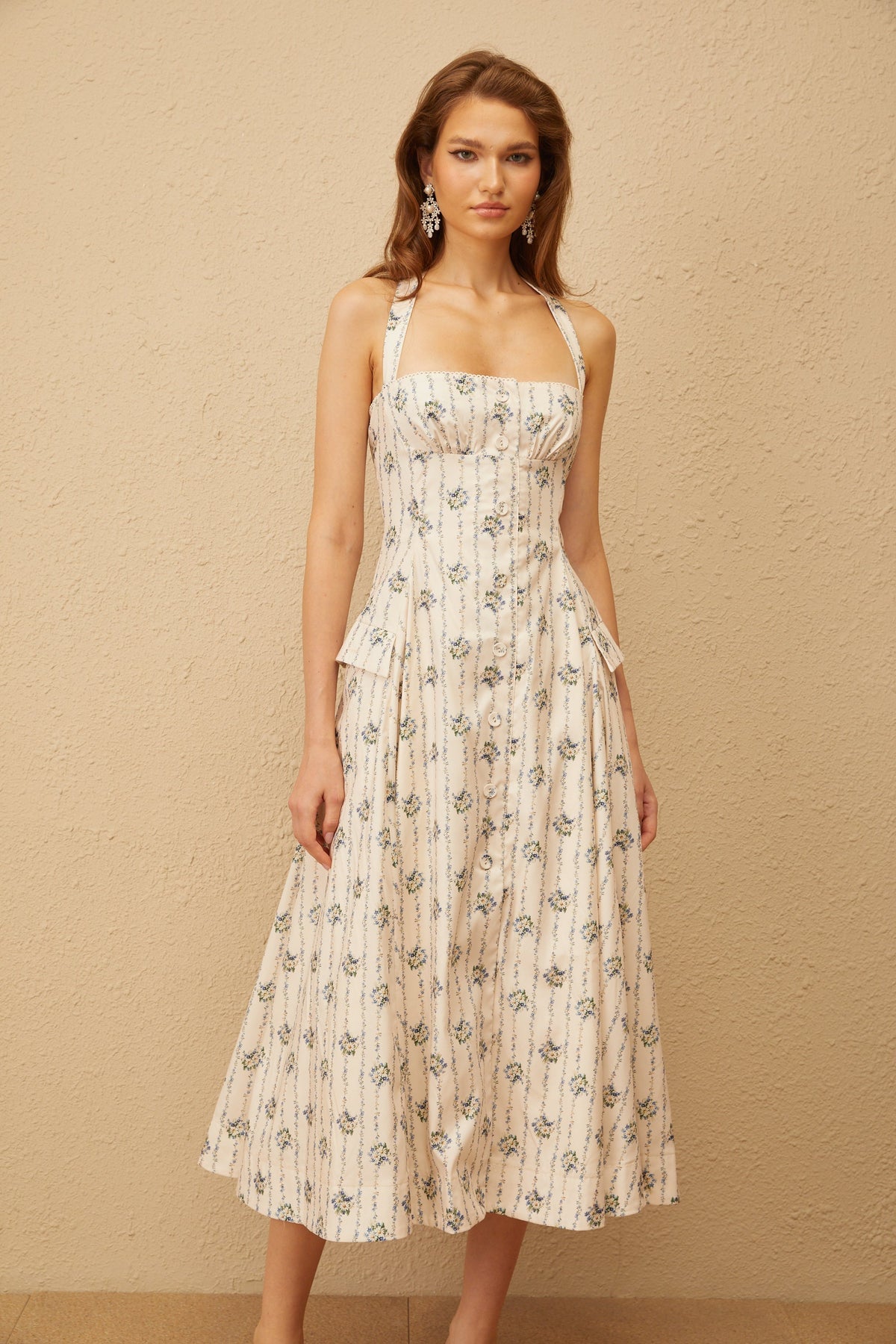 Estelle White Halterneck Floral Print Midi Dress (Final Sale)