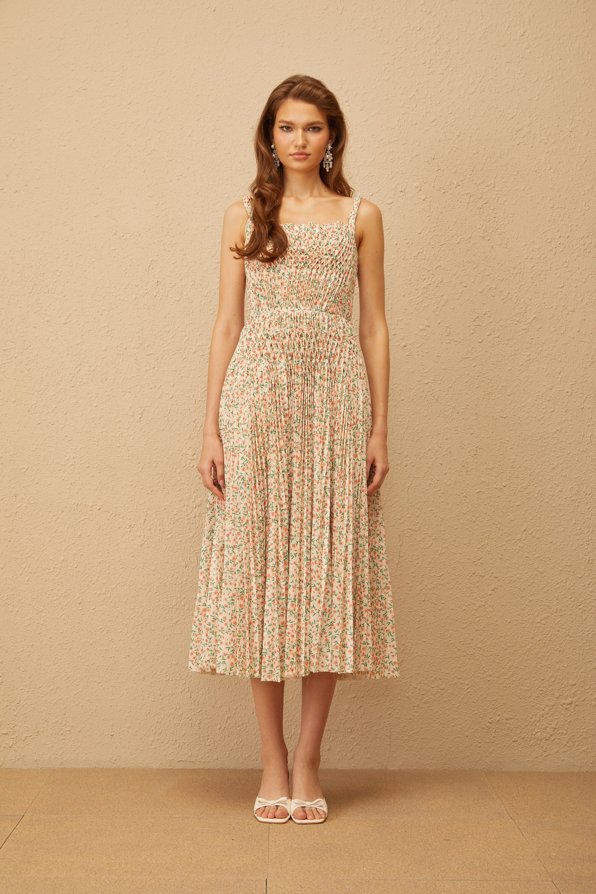 Marion Neutral Floral Print Pleated Midi Dress (Final Sale)