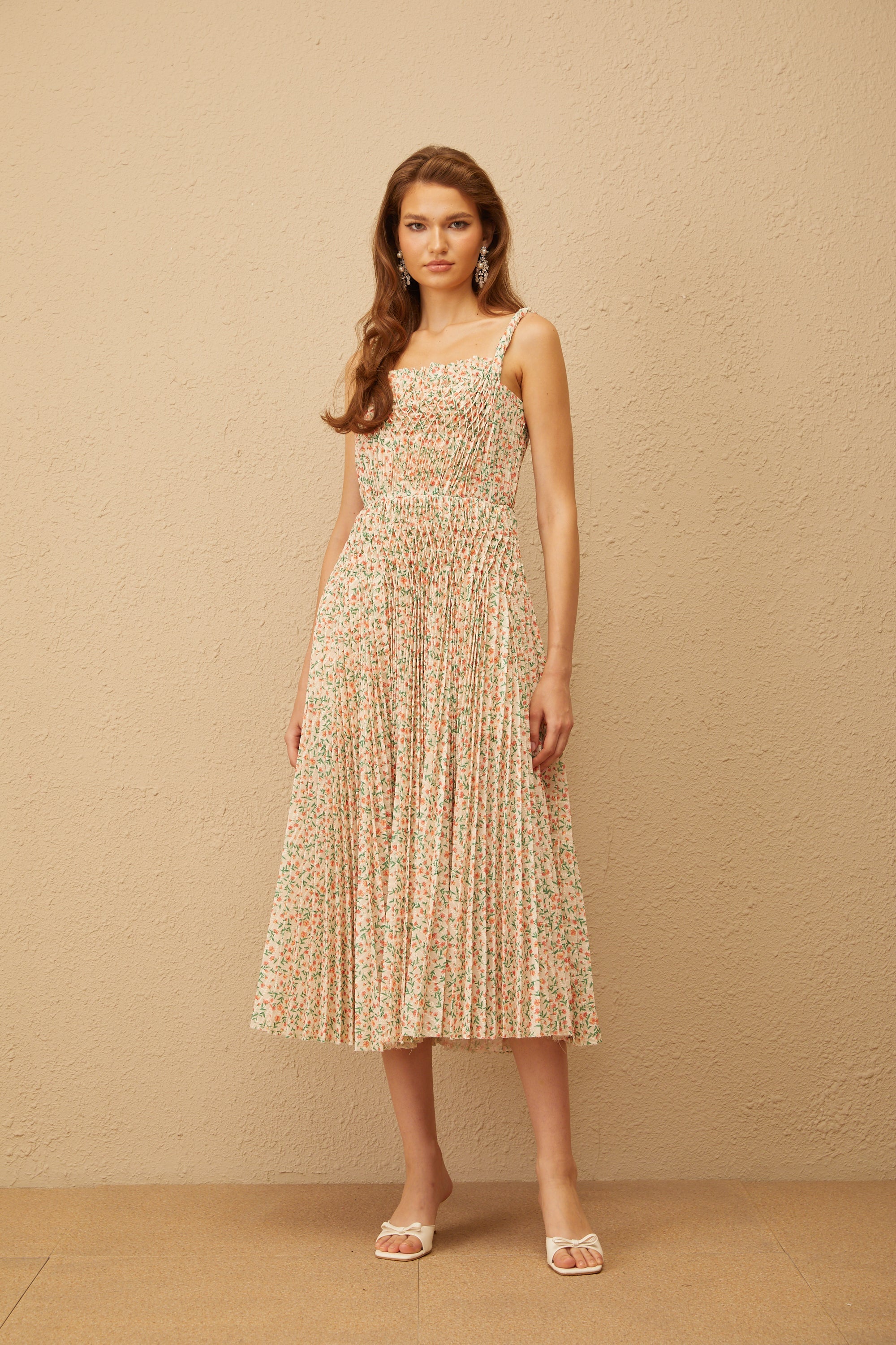 Marion Neutral Floral Print Pleated Midi Dress