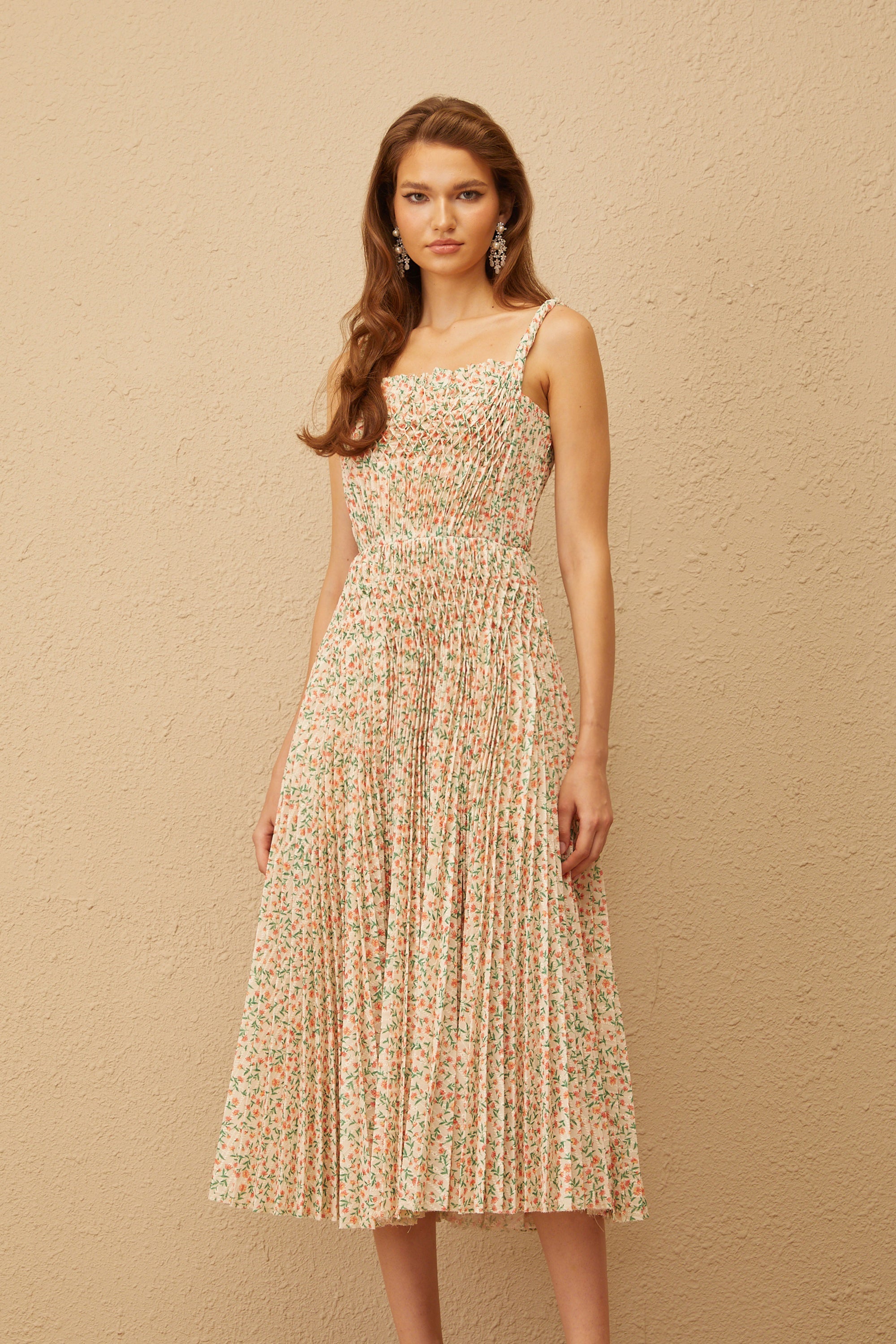 Marion Neutral Floral Print Pleated Midi Dress (Final Sale)