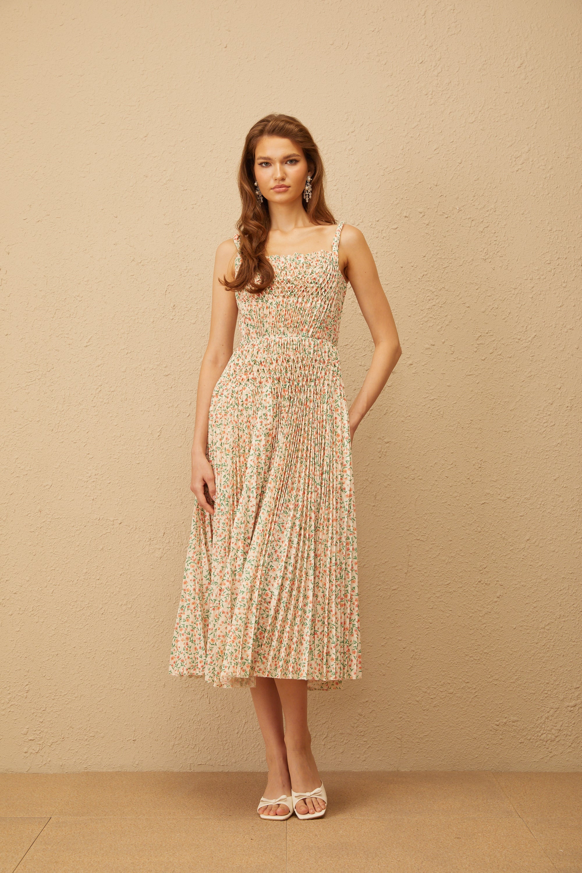 Marion Neutral Floral Print Pleated Midi Dress