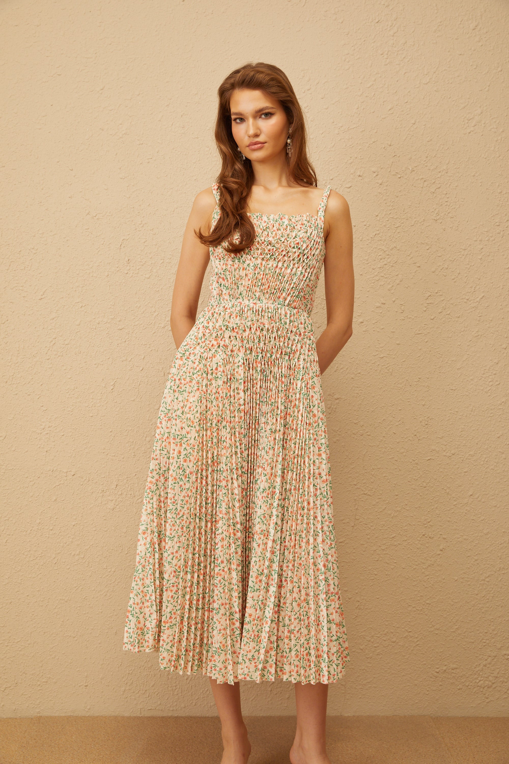 Marion Neutral Floral Print Pleated Midi Dress