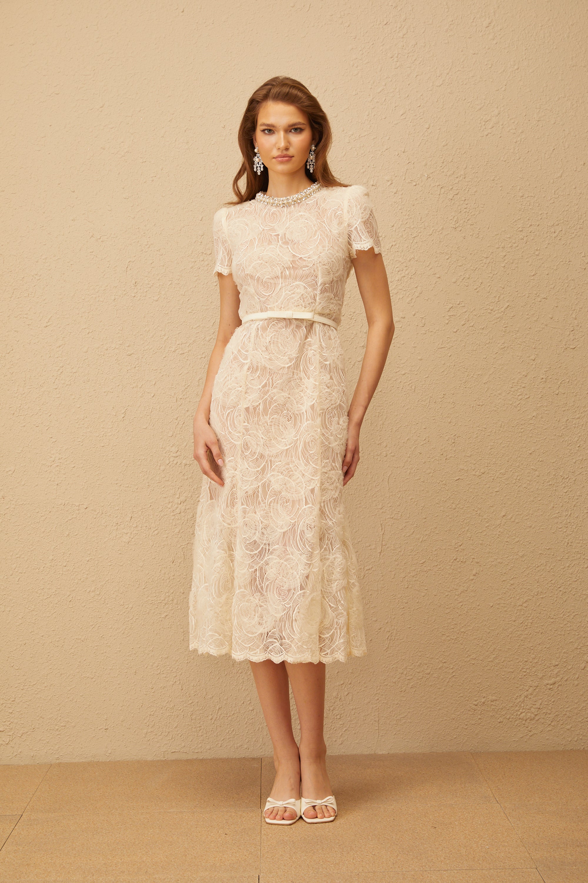 Félicie White Embellished Floral Lace Midi Dress (Final Sale-US Only)