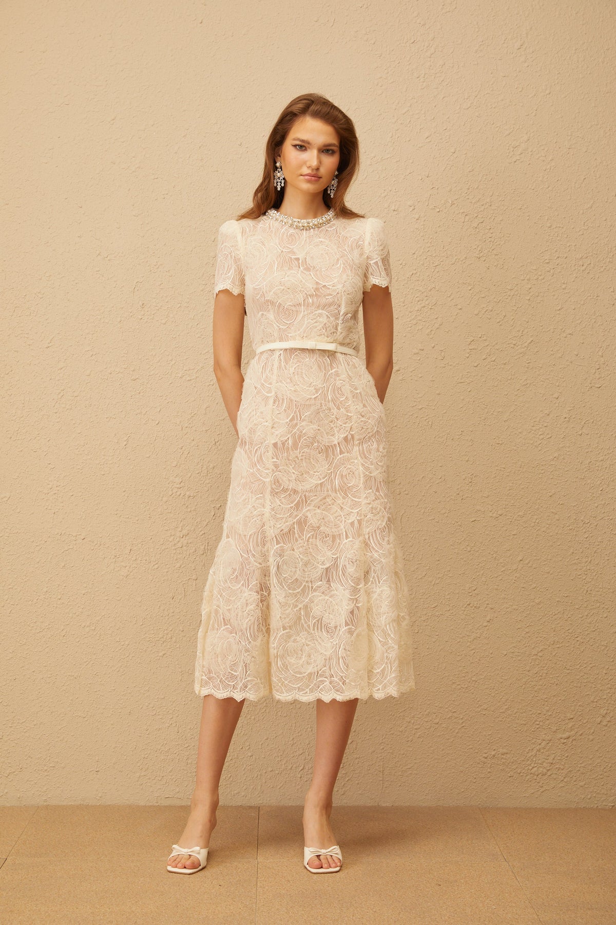 Félicie White Embellished Floral Lace Midi Dress