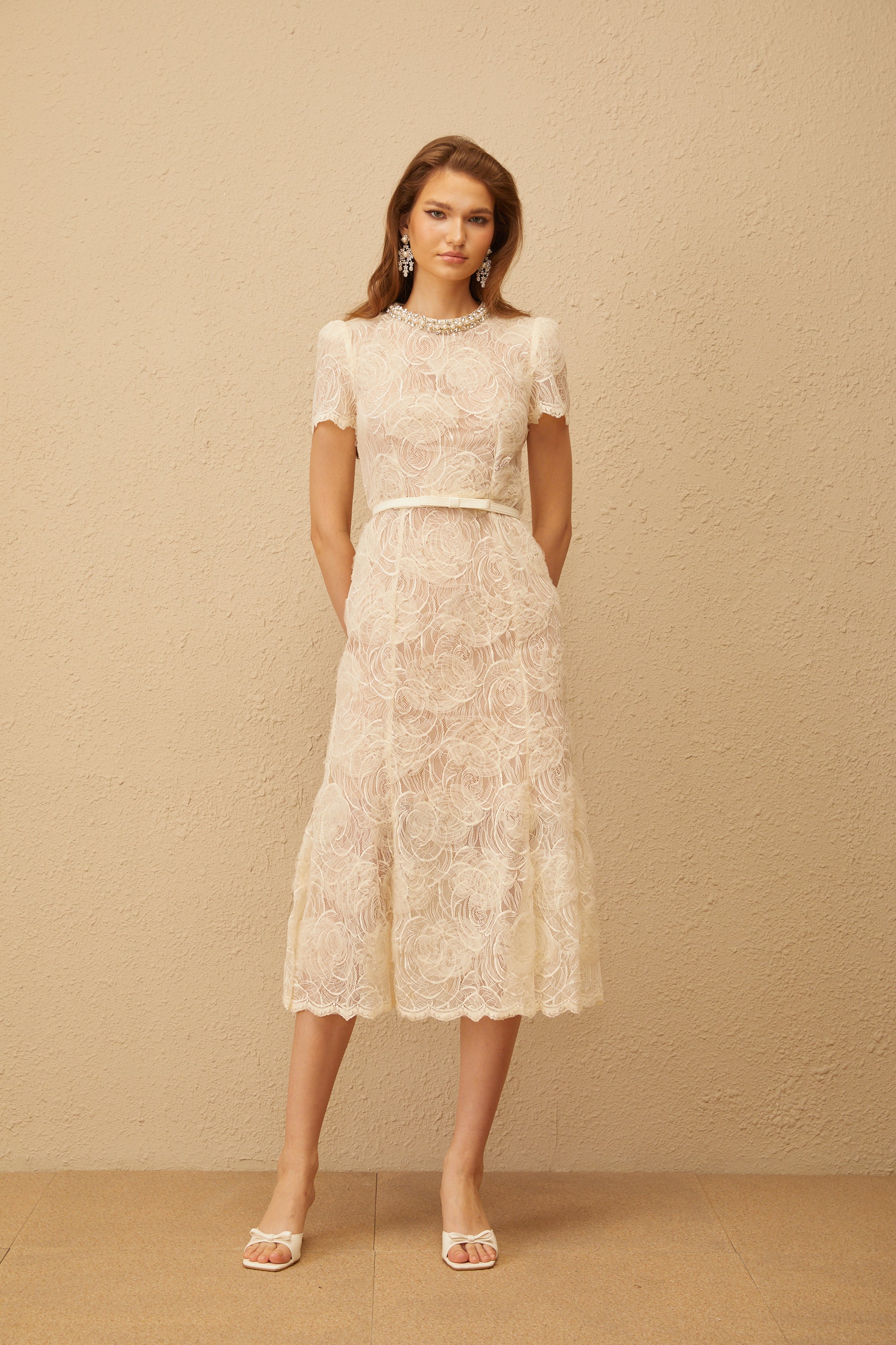 Félicie White Embellished Floral Lace Midi Dress (Final Sale-US Only)