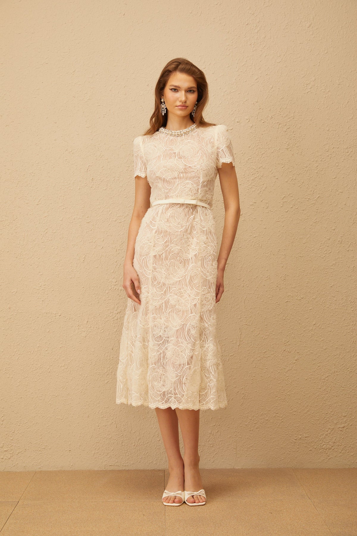 Félicie White Embellished Floral Lace Midi Dress (Final Sale-US Only)
