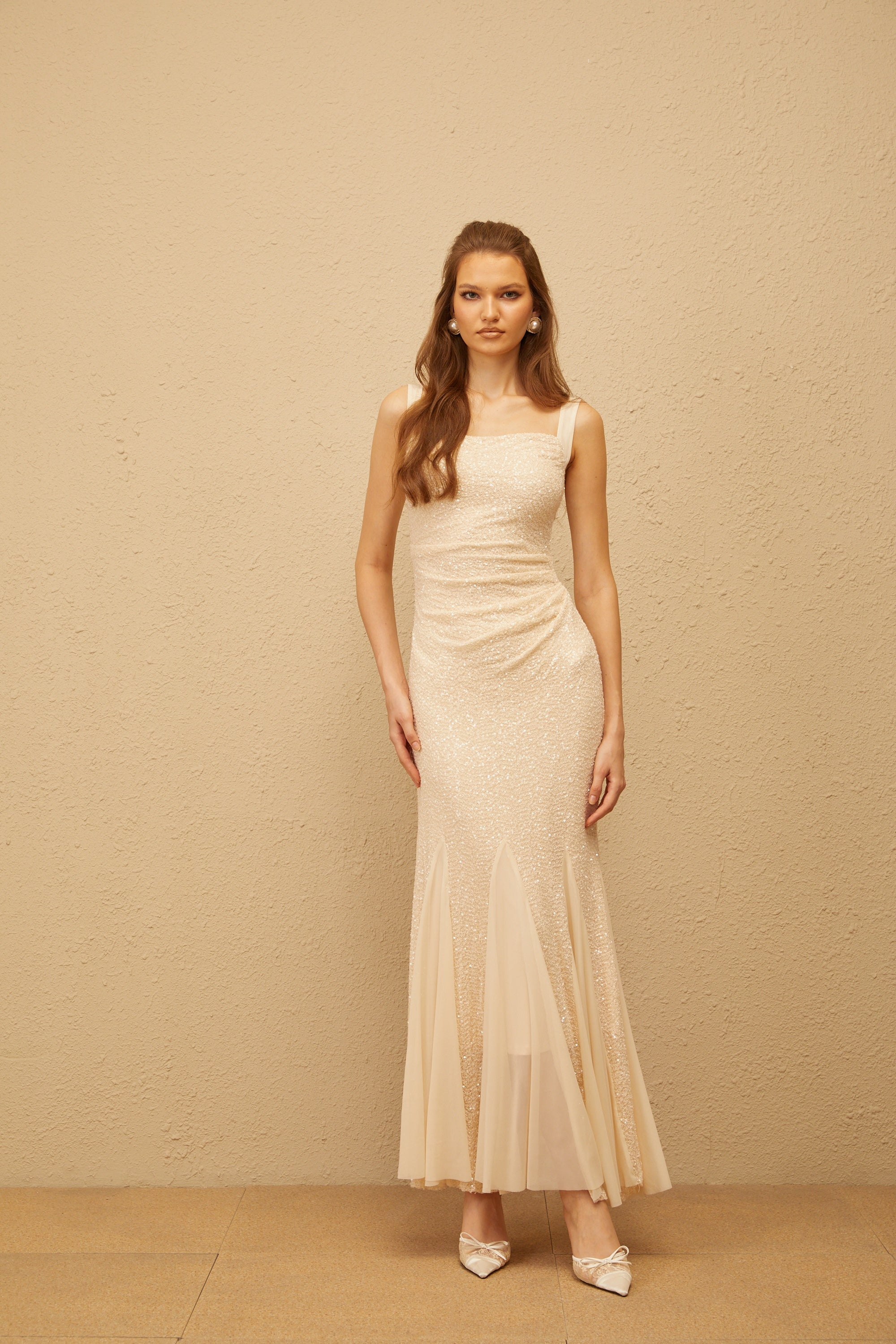 Jade Neutral Sequin Mermaid Mesh Maxi Dress