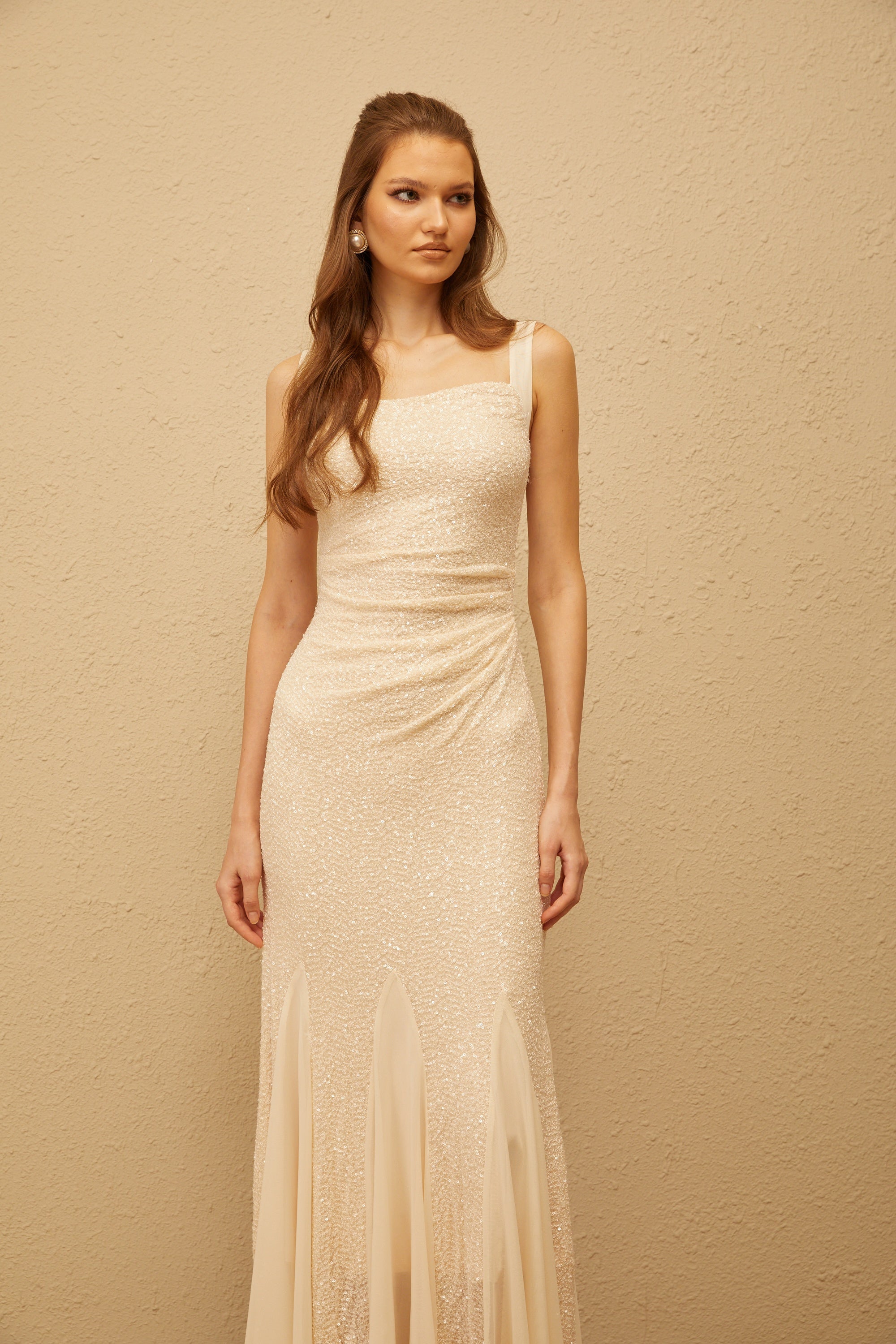Jade Neutral Sequin Mermaid Mesh Maxi Dress