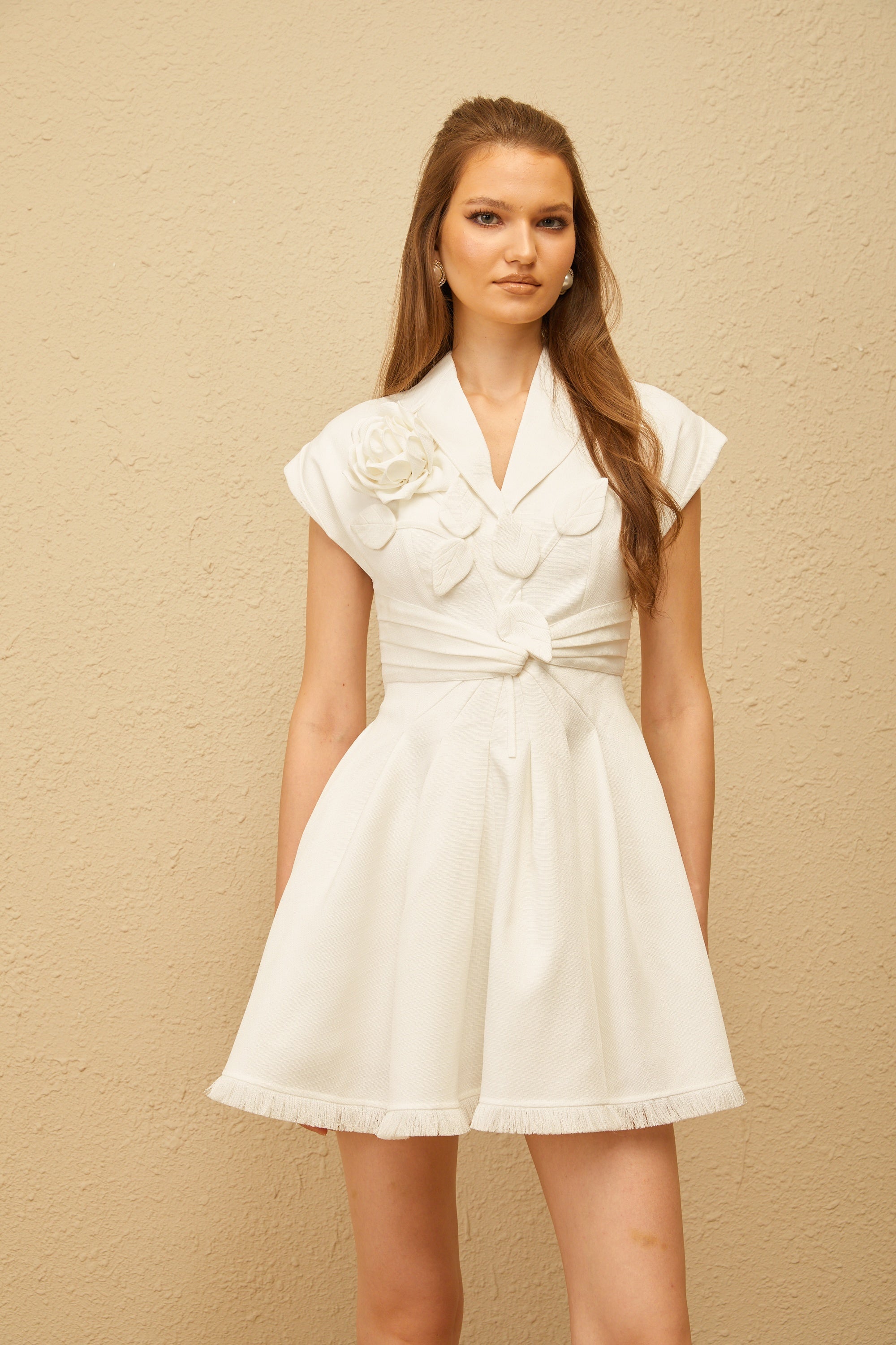 Bernadett White 3D Petal Pleated Mini Dress