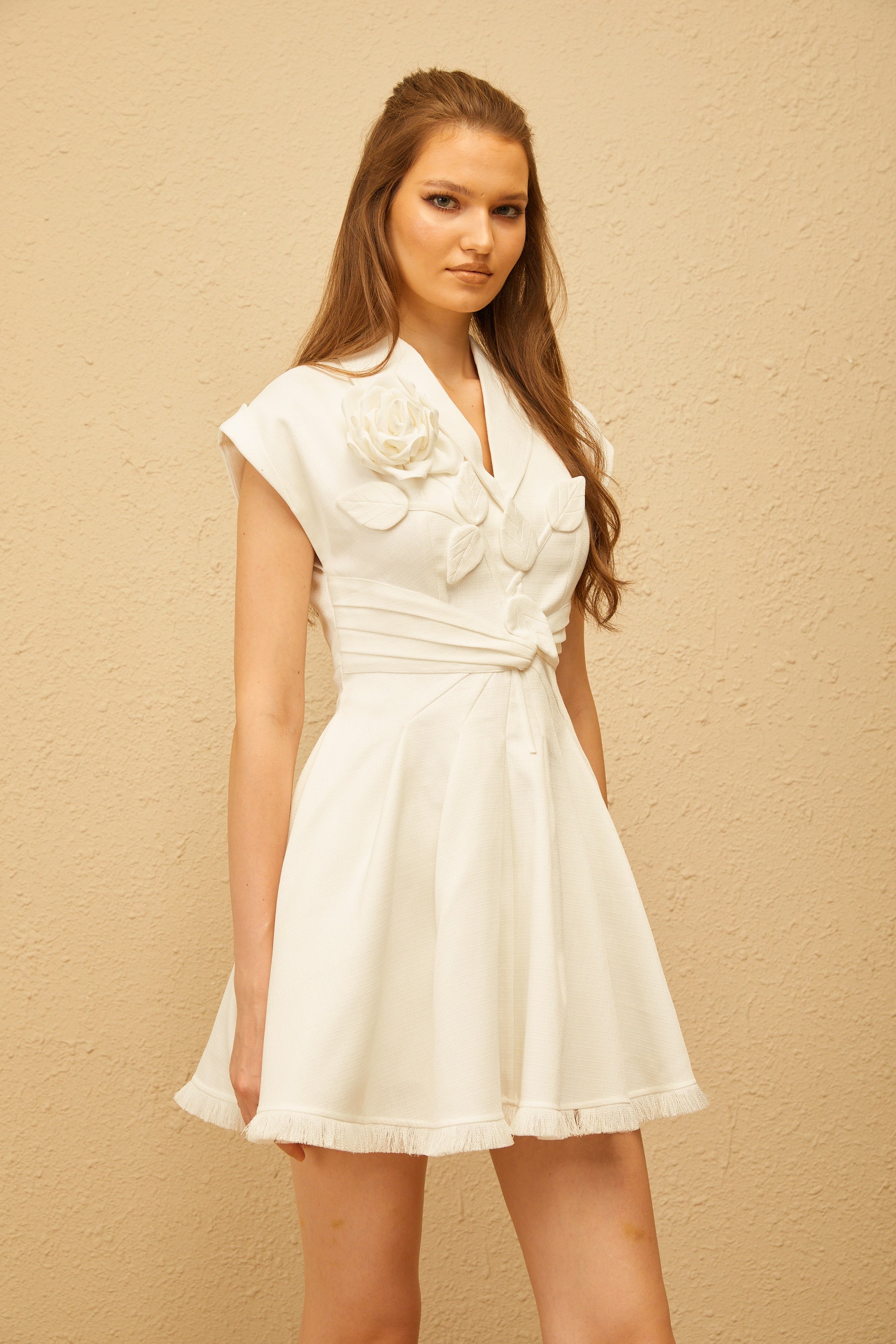 Bernadett White 3D Petal Pleated Mini Dress