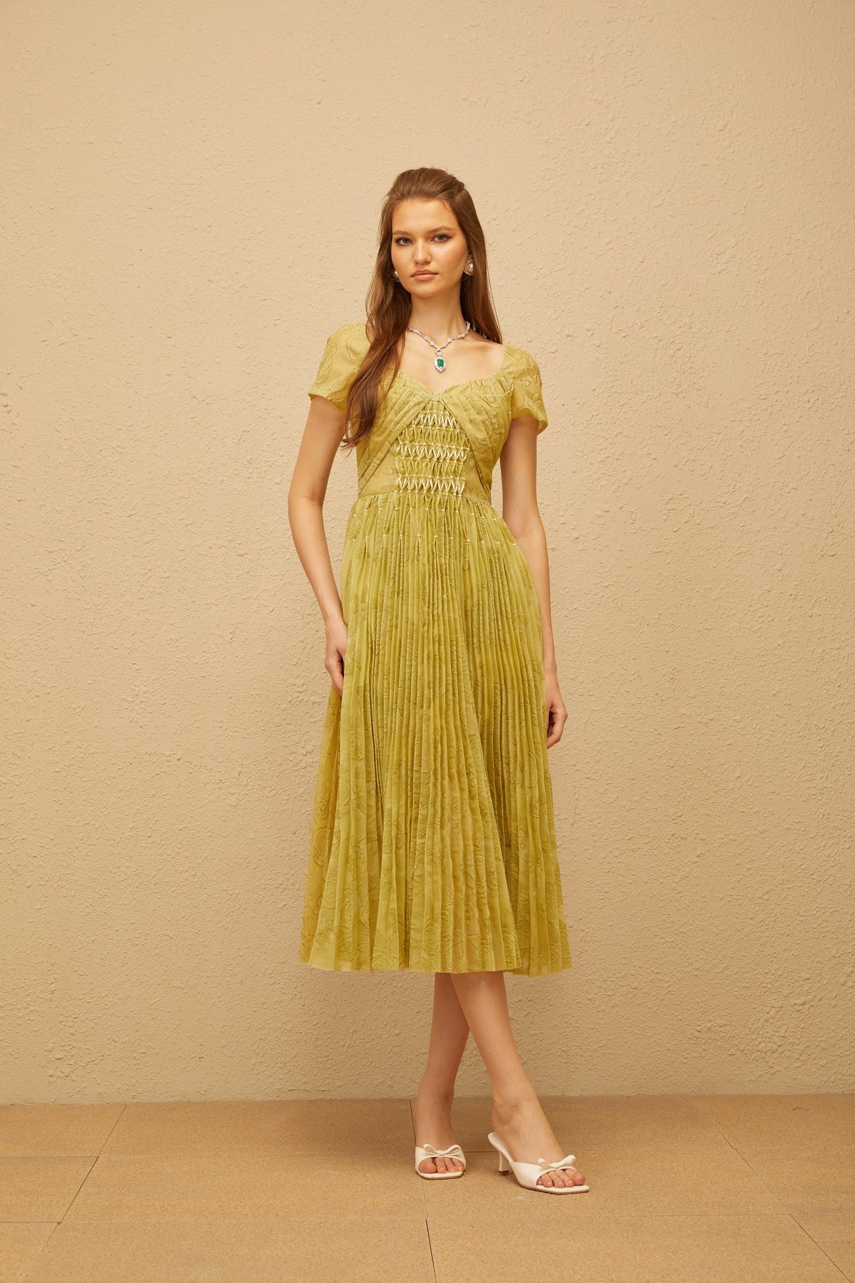 Capucine Green Floral Jacquard Pleated Midi Dress
