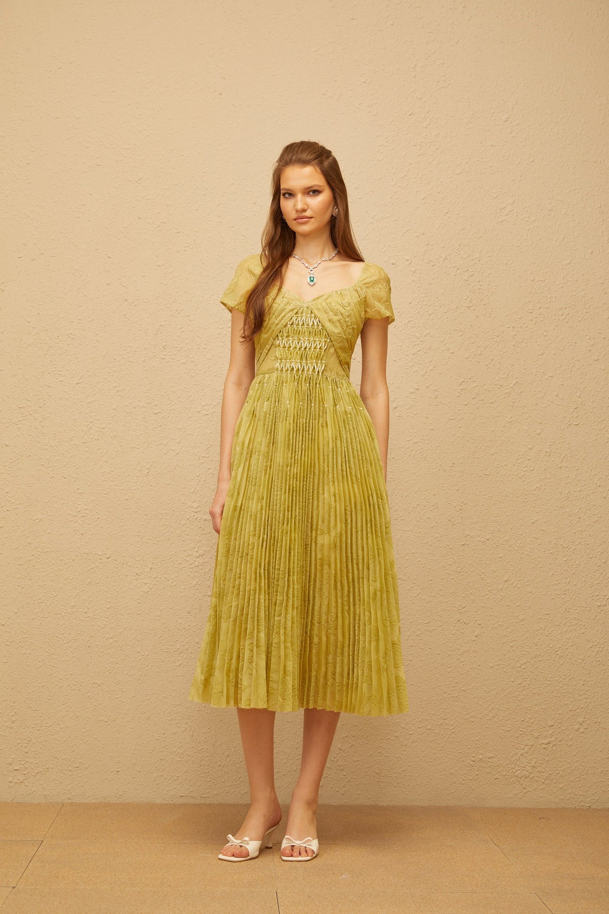 Capucine Green Floral Jacquard Pleated Midi Dress