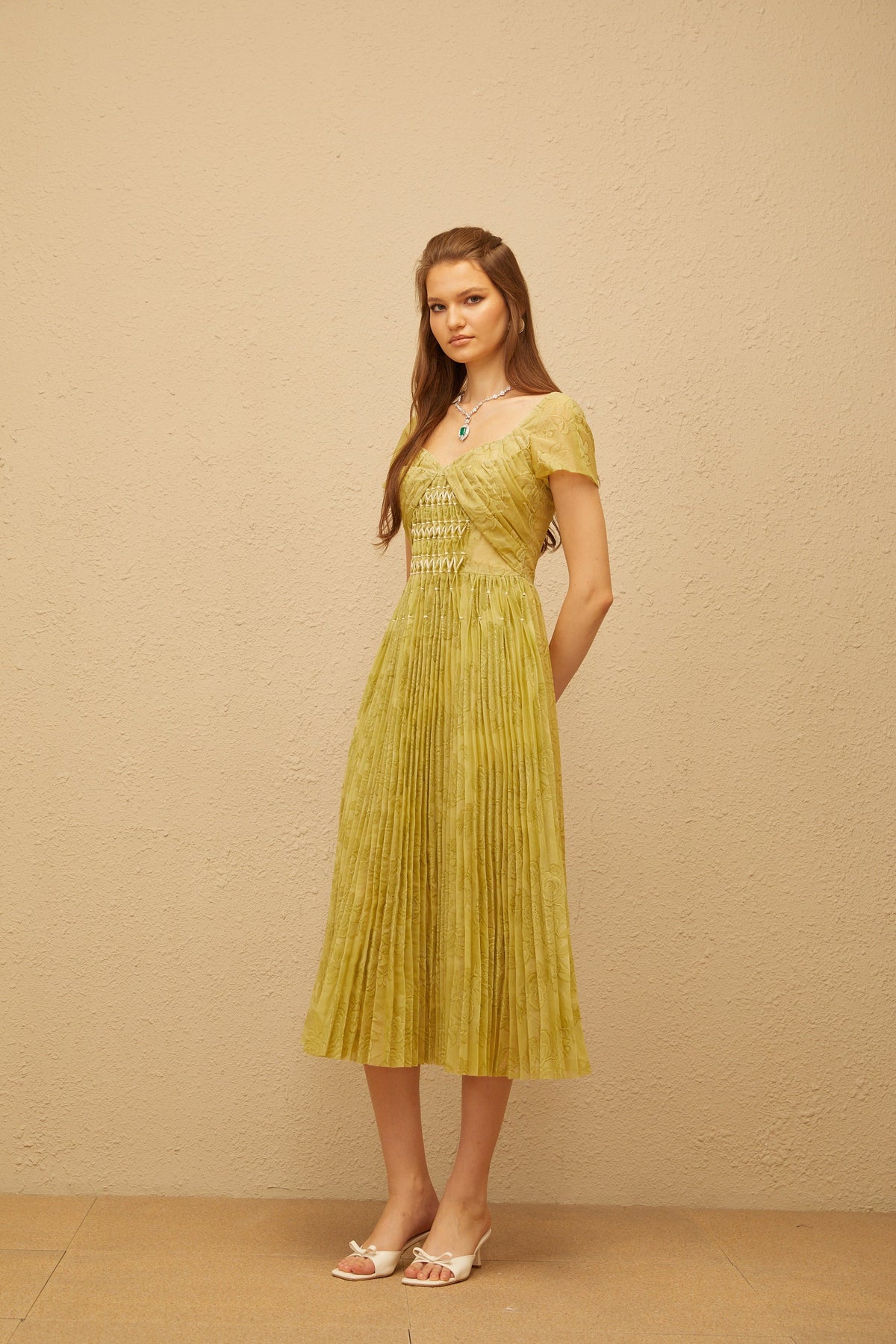 Capucine Green Floral Jacquard Pleated Midi Dress