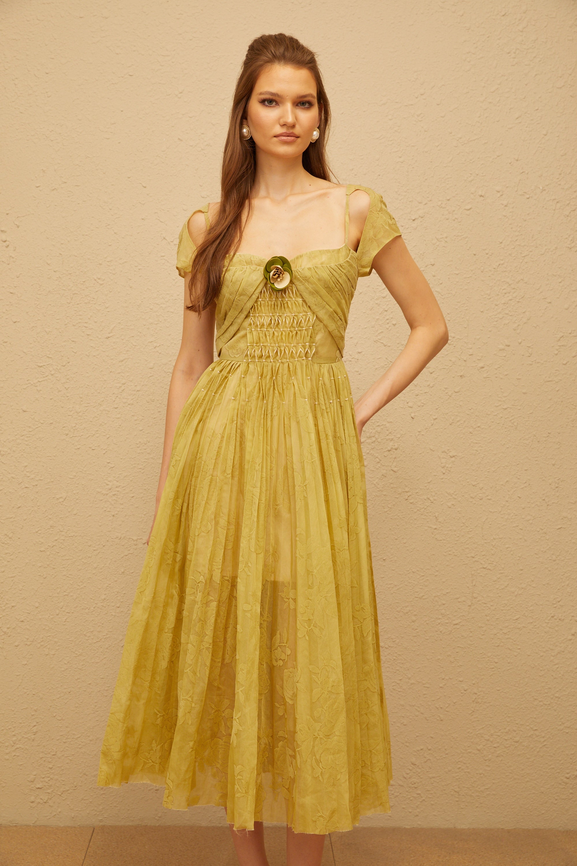 Béryl Green Floral Jacquard Midi Dress