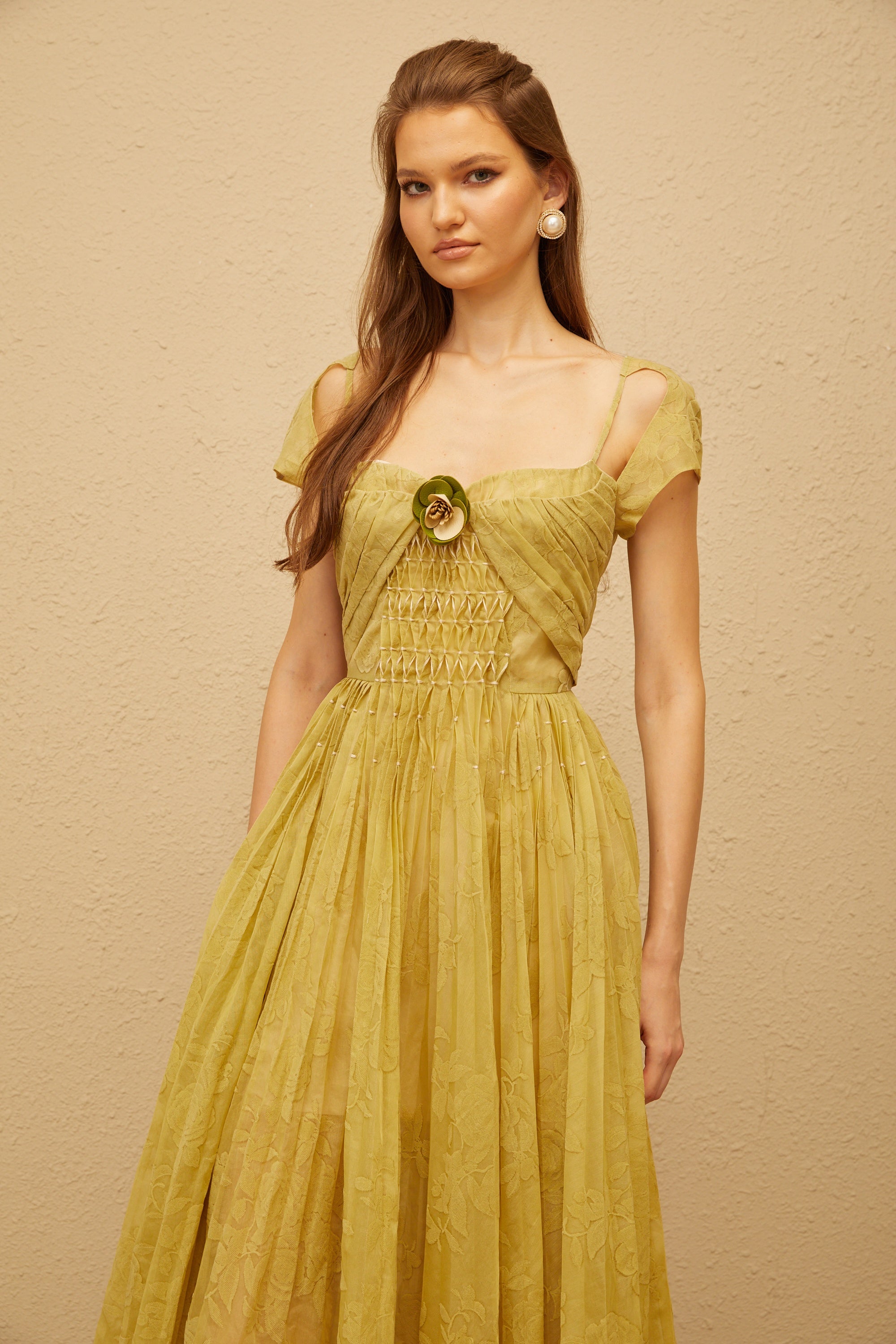 Béryl Green Floral Jacquard Midi Dress
