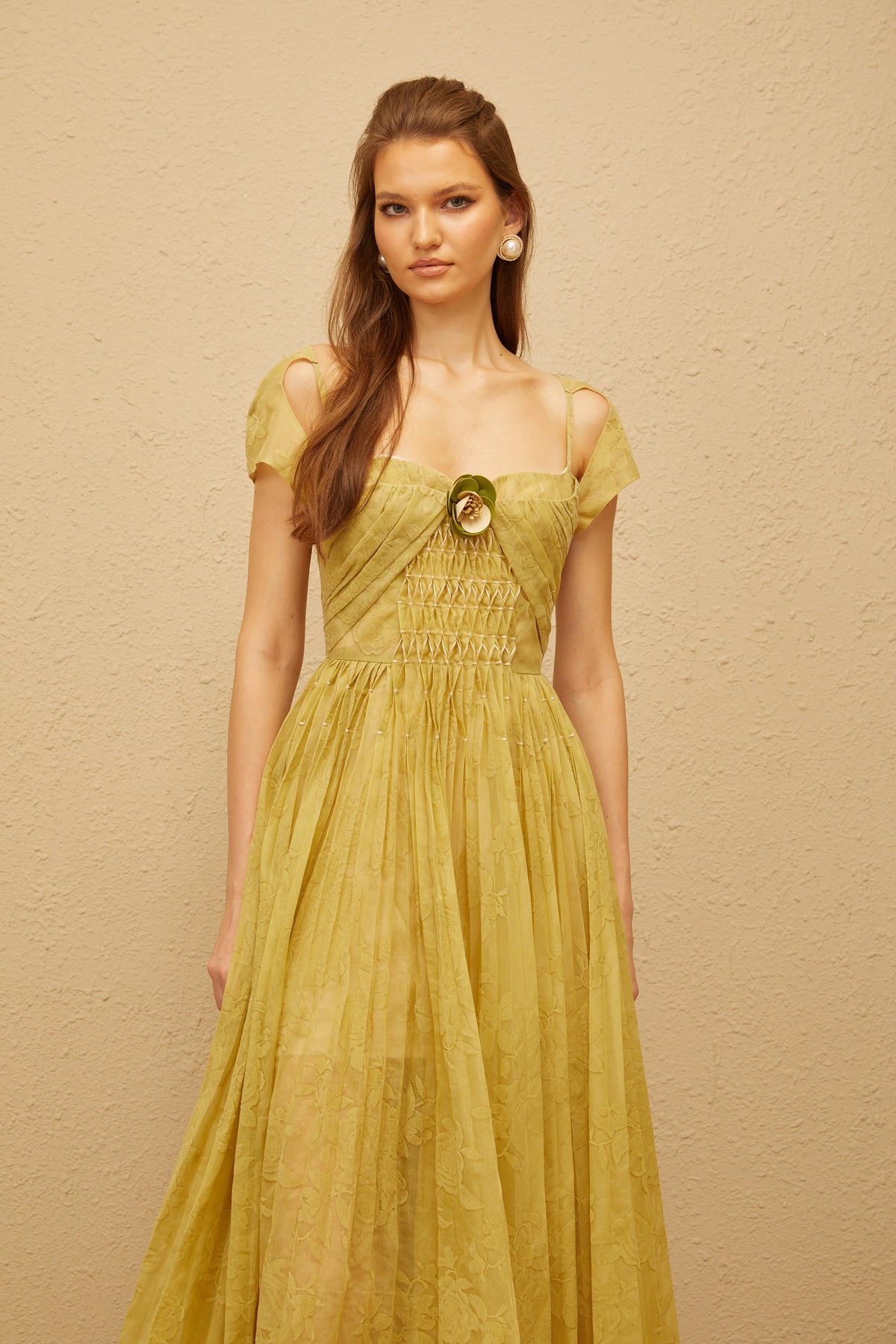 Béryl Green Floral Jacquard Midi Dress