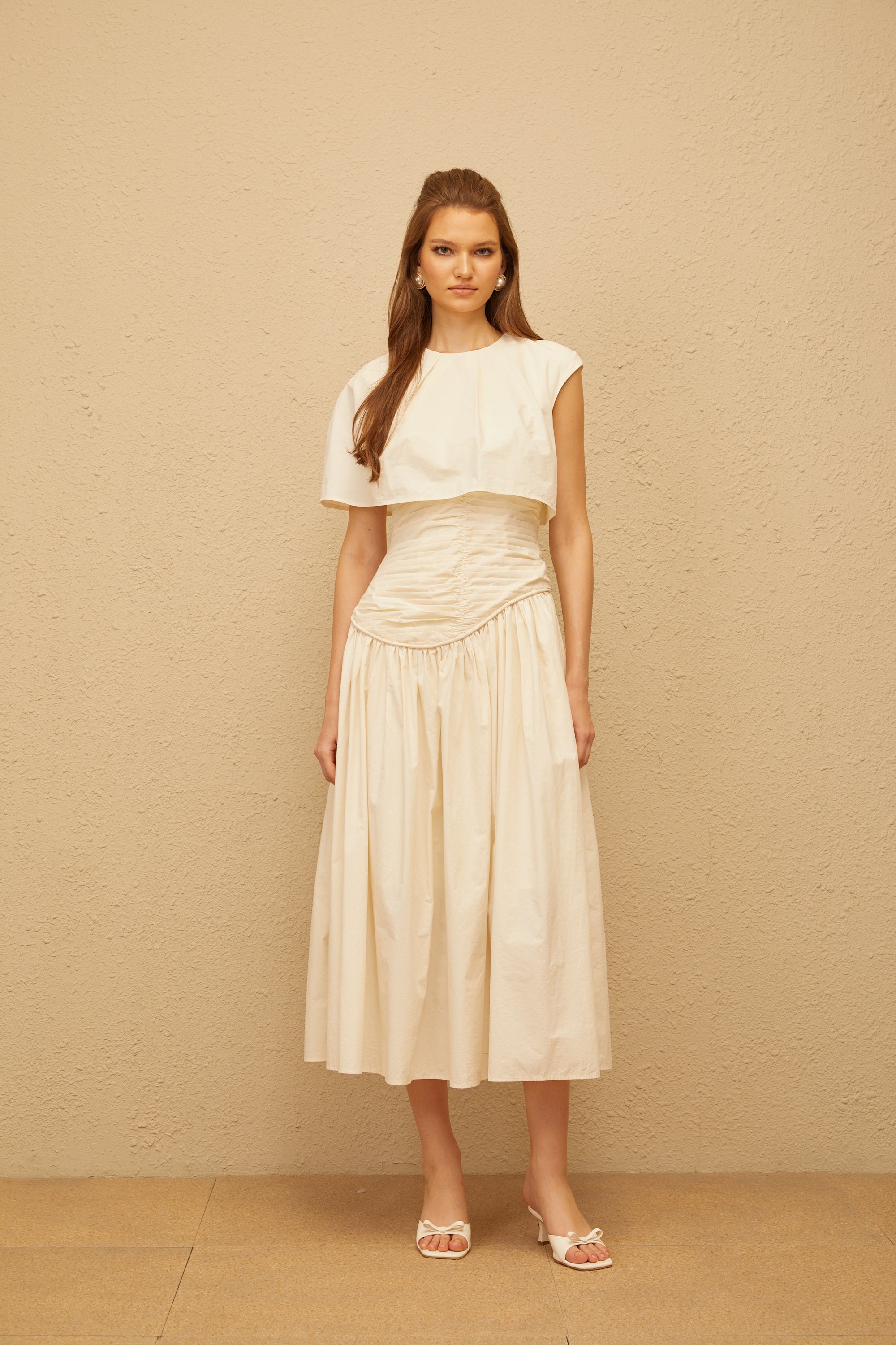 Boglárka Cream White Asymmetrical Ruched Midi Dress