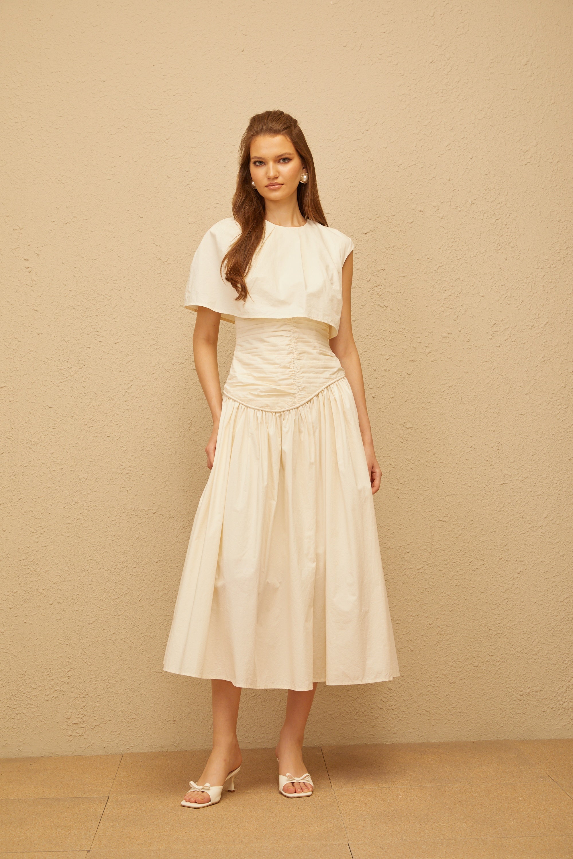 Boglárka Cream White Asymmetrical Ruched Midi Dress
