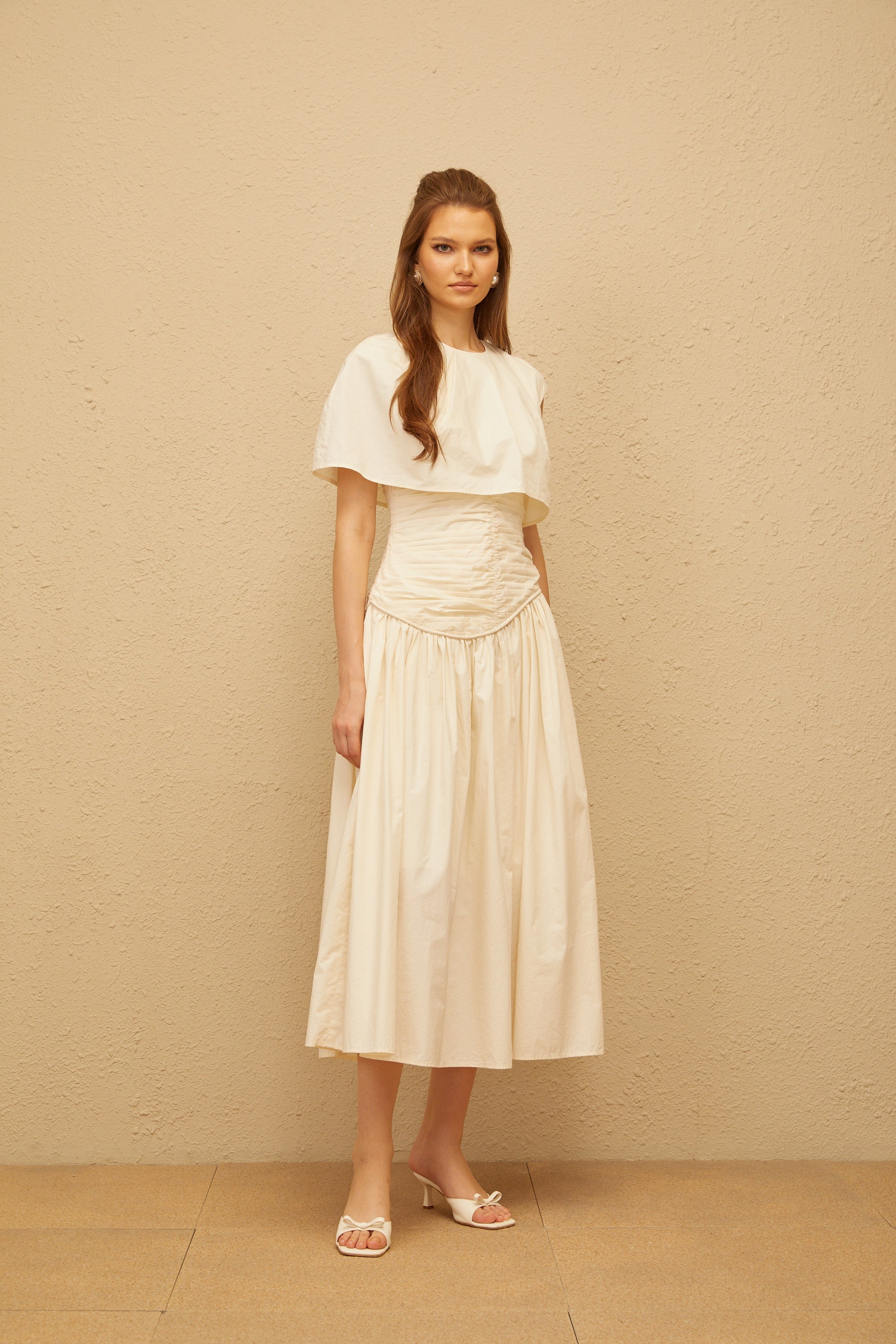 Boglárka Cream White Asymmetrical Ruched Midi Dress
