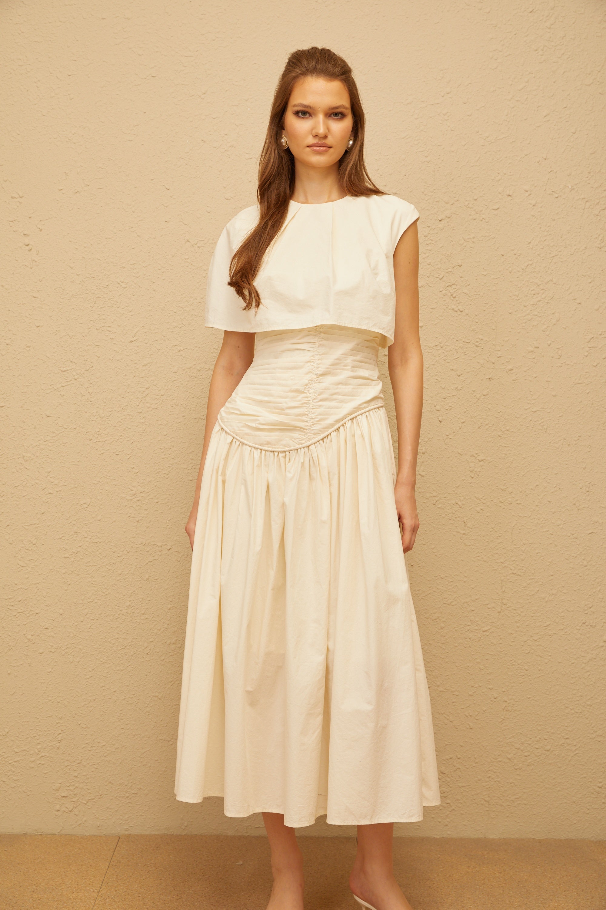 Boglárka Cream White Asymmetrical Ruched Midi Dress