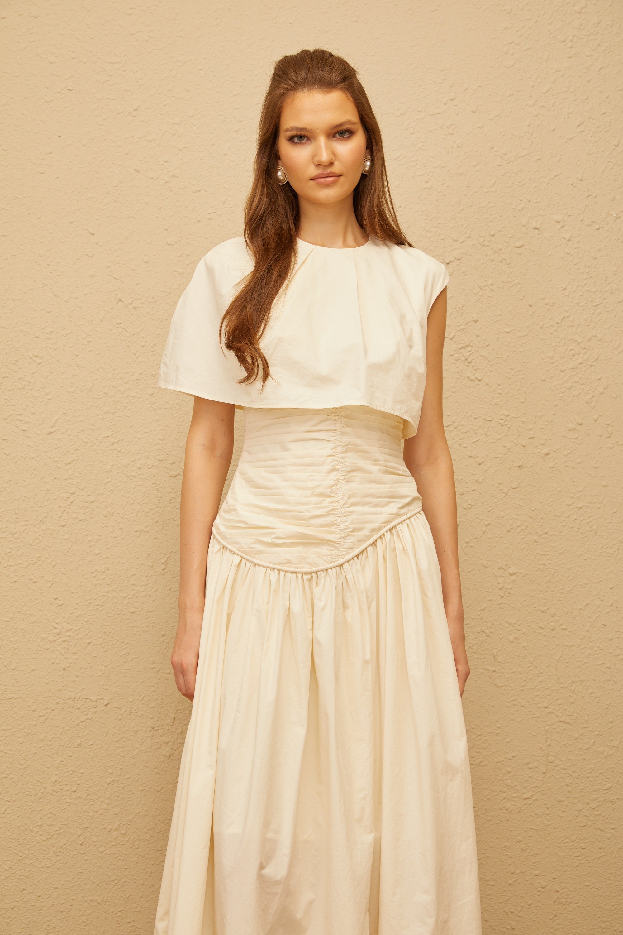 Boglárka Cream White Asymmetrical Ruched Midi Dress
