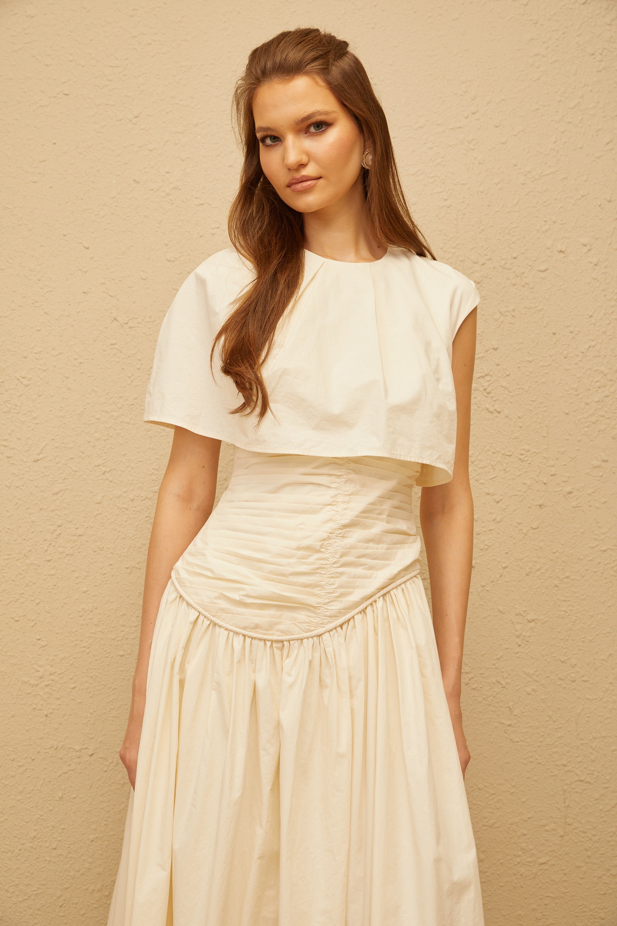 Boglárka Cream White Asymmetrical Ruched Midi Dress