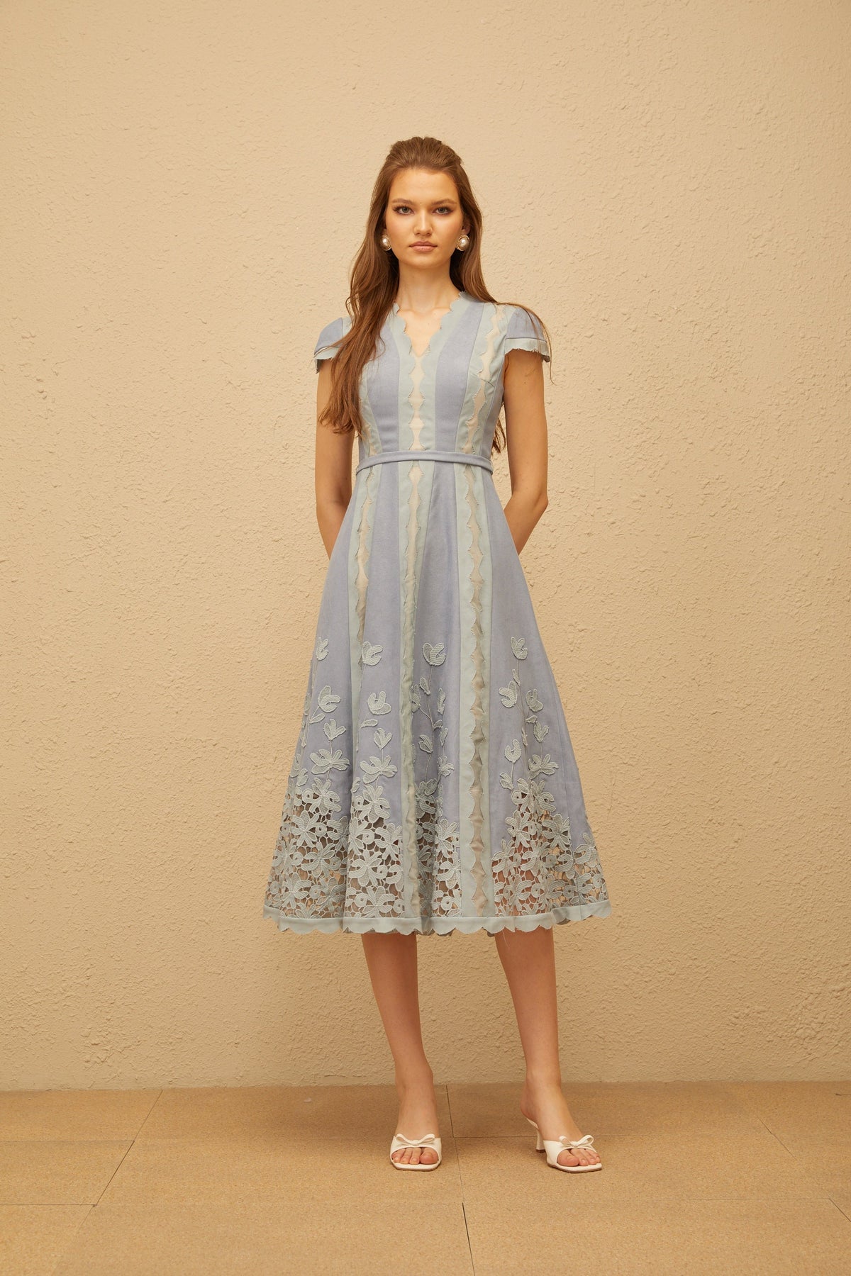 Amália Blue Scalloped Floral Embroidered Midi Dress (Final Sale-US Only)