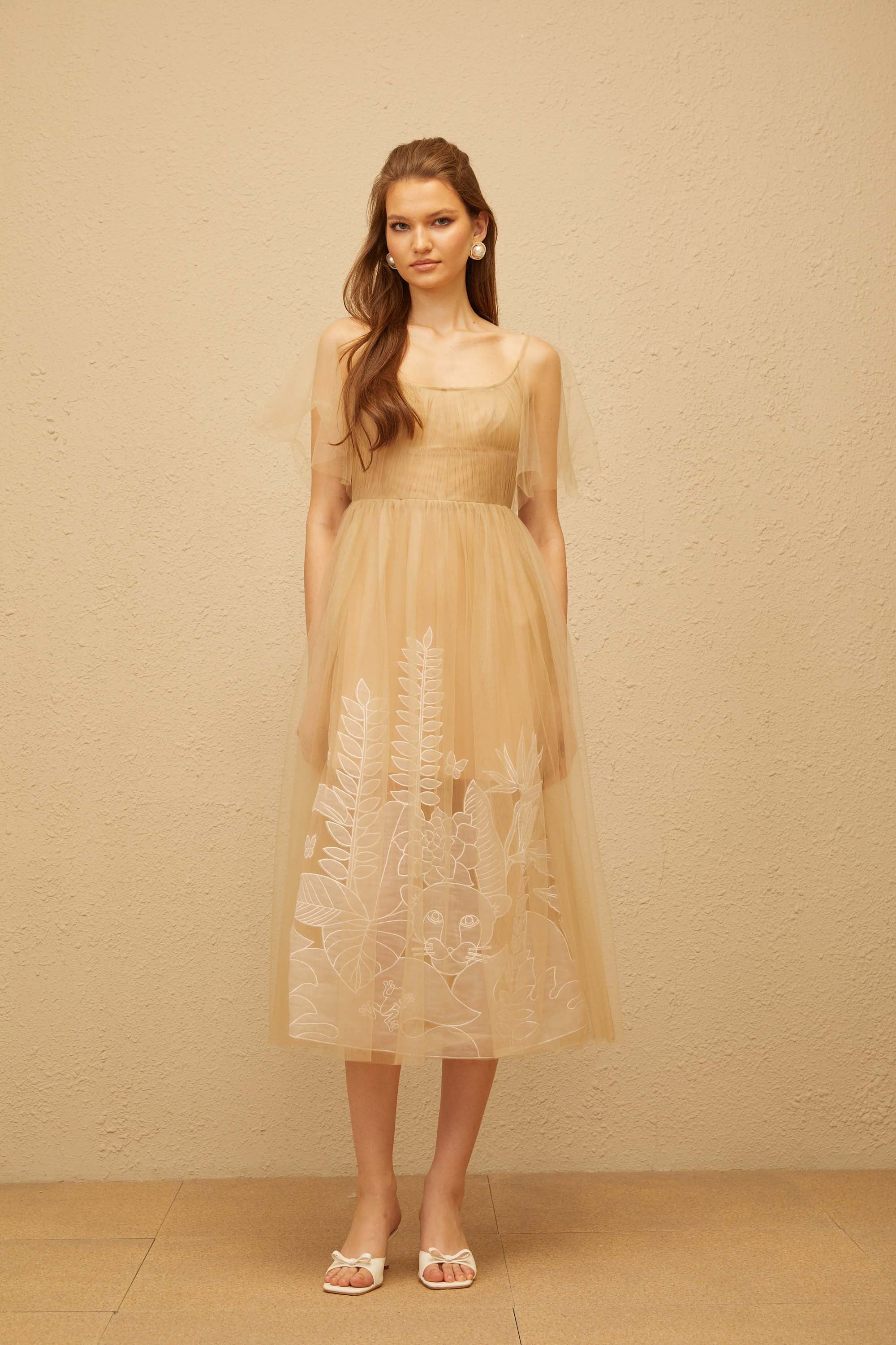 Blanka Neutral Pleated Jacquard Tulle Midi Dress