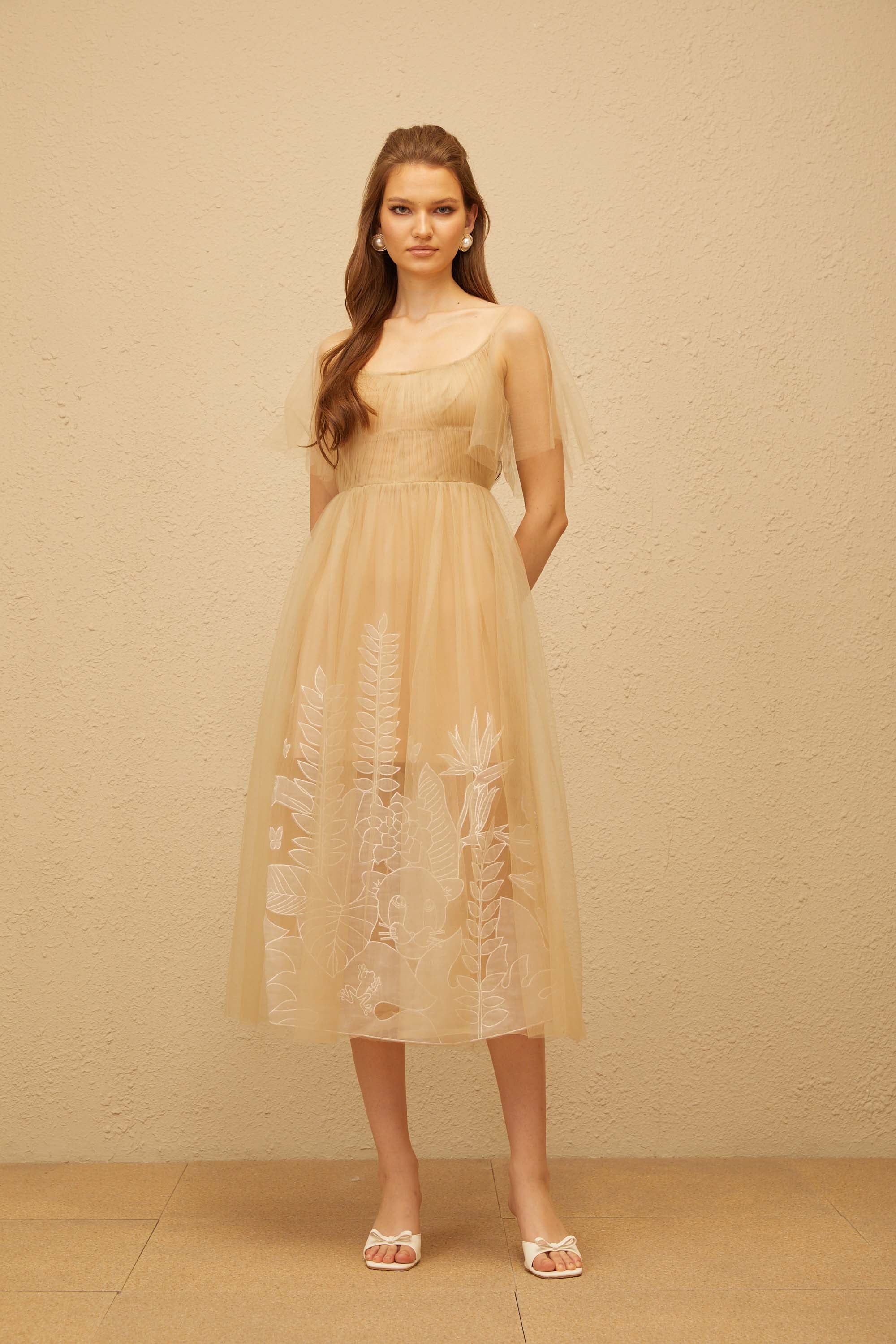 Blanka Neutral Pleated Jacquard Tulle Midi Dress