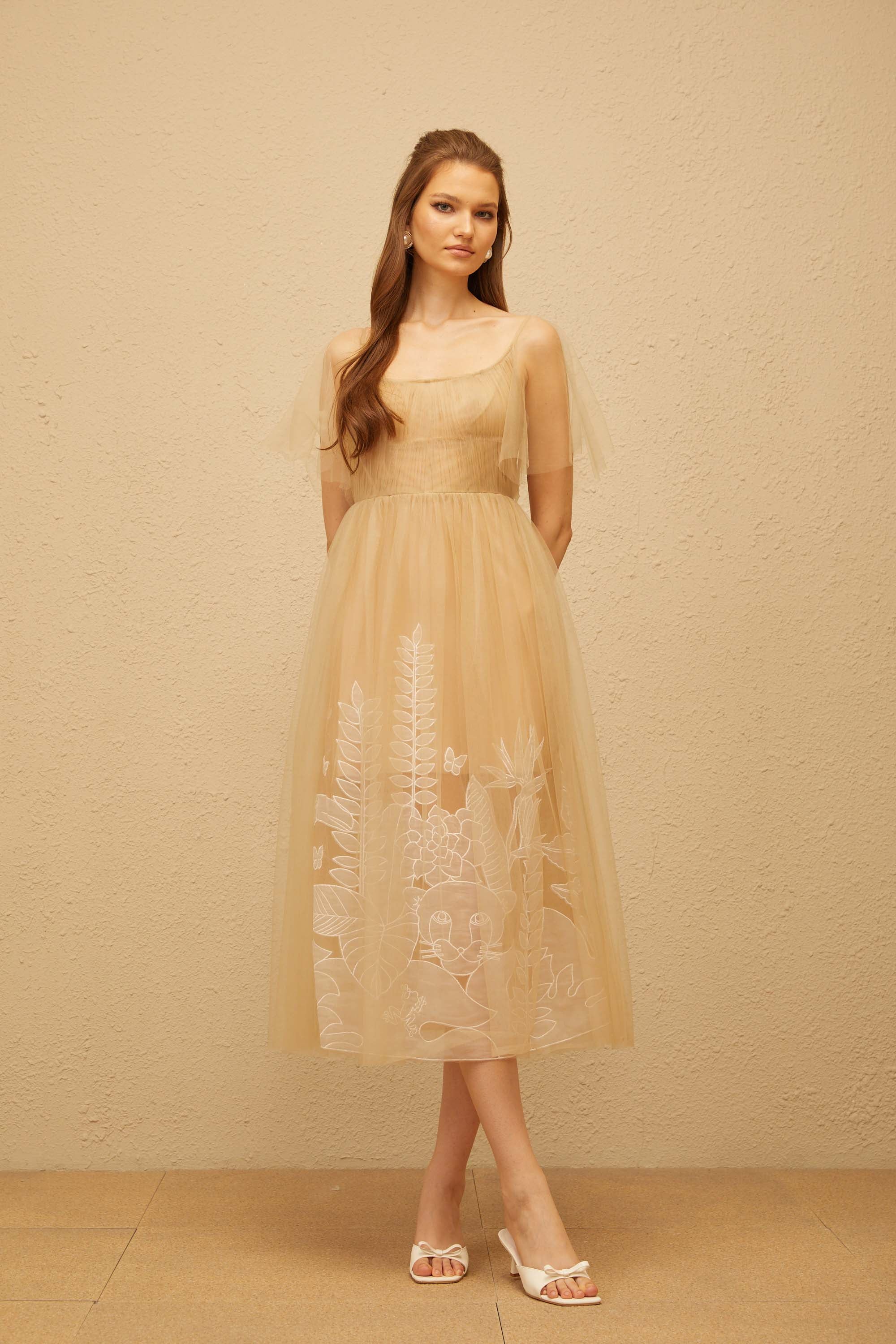 Blanka Neutral Pleated Jacquard Tulle Midi Dress