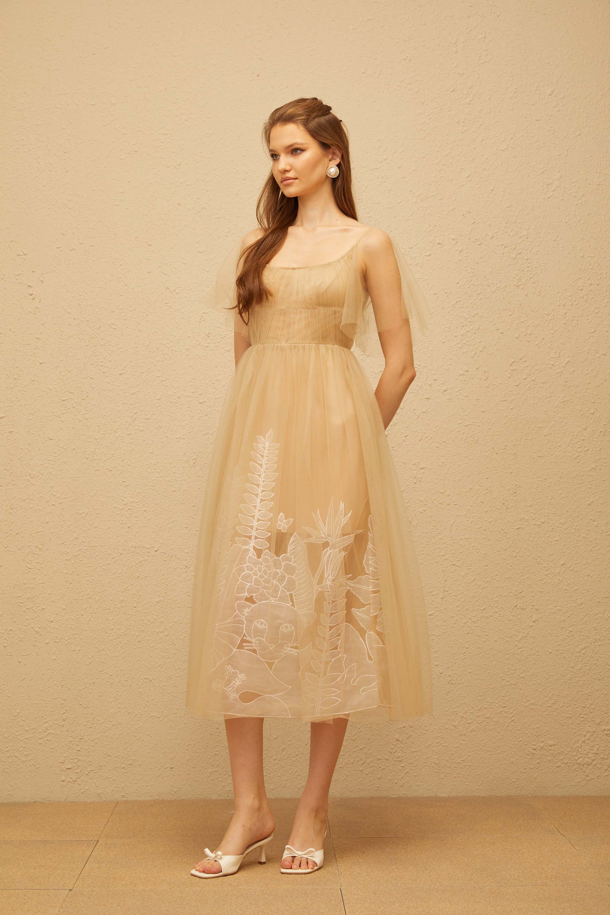 Blanka Neutral Pleated Jacquard Tulle Midi Dress