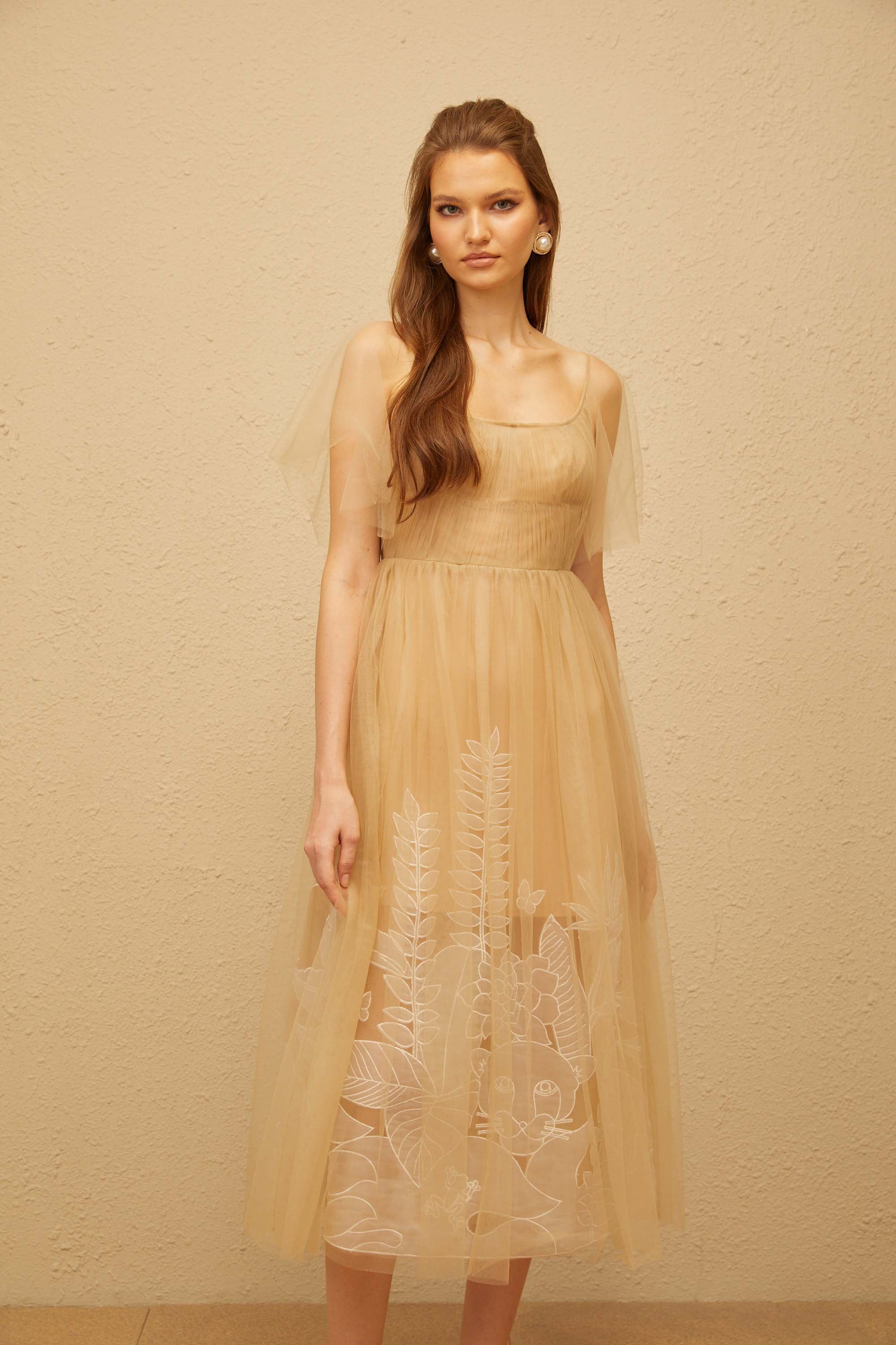 Blanka Neutral Pleated Jacquard Tulle Midi Dress