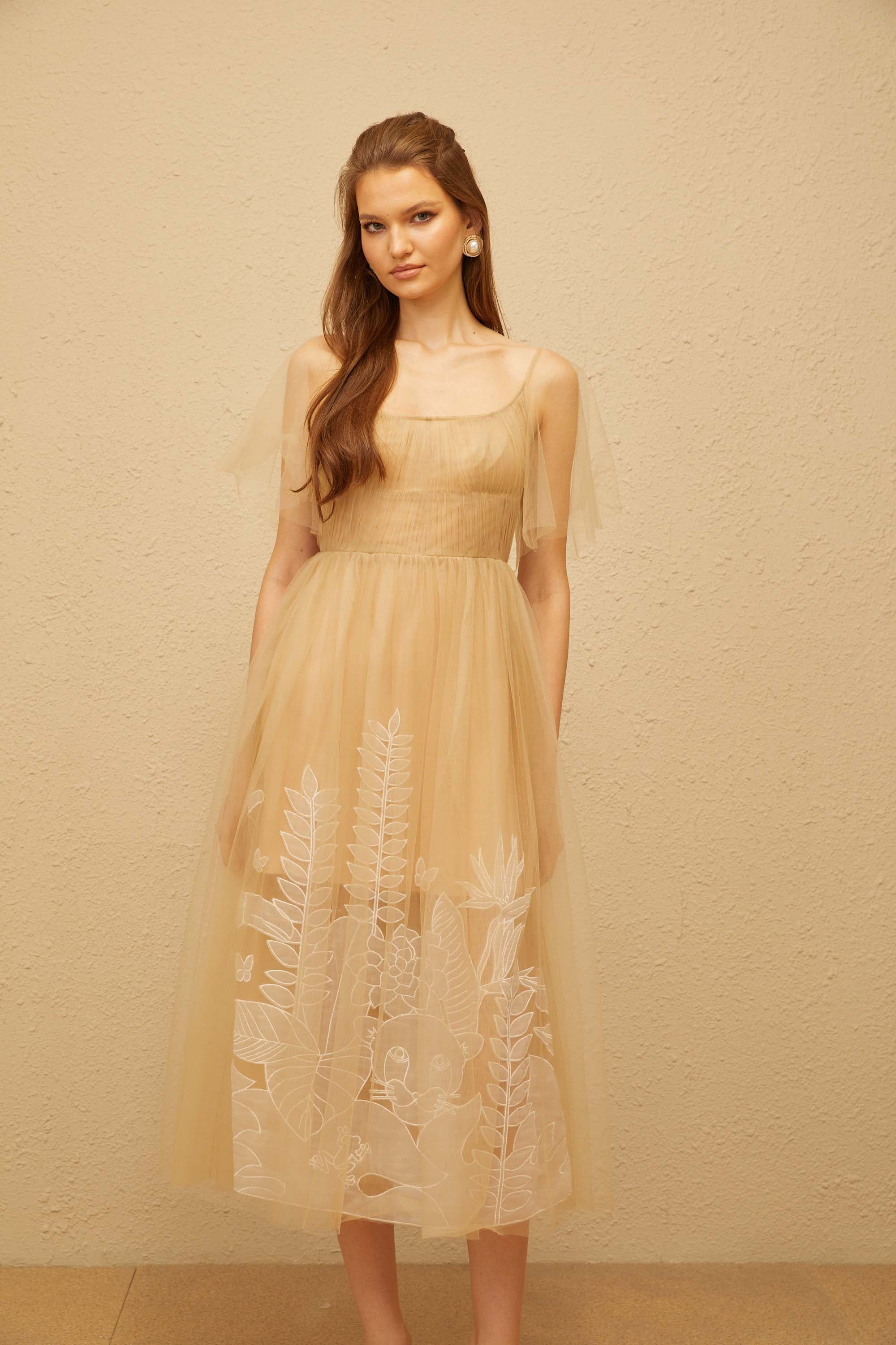 Blanka Neutral Pleated Jacquard Tulle Midi Dress