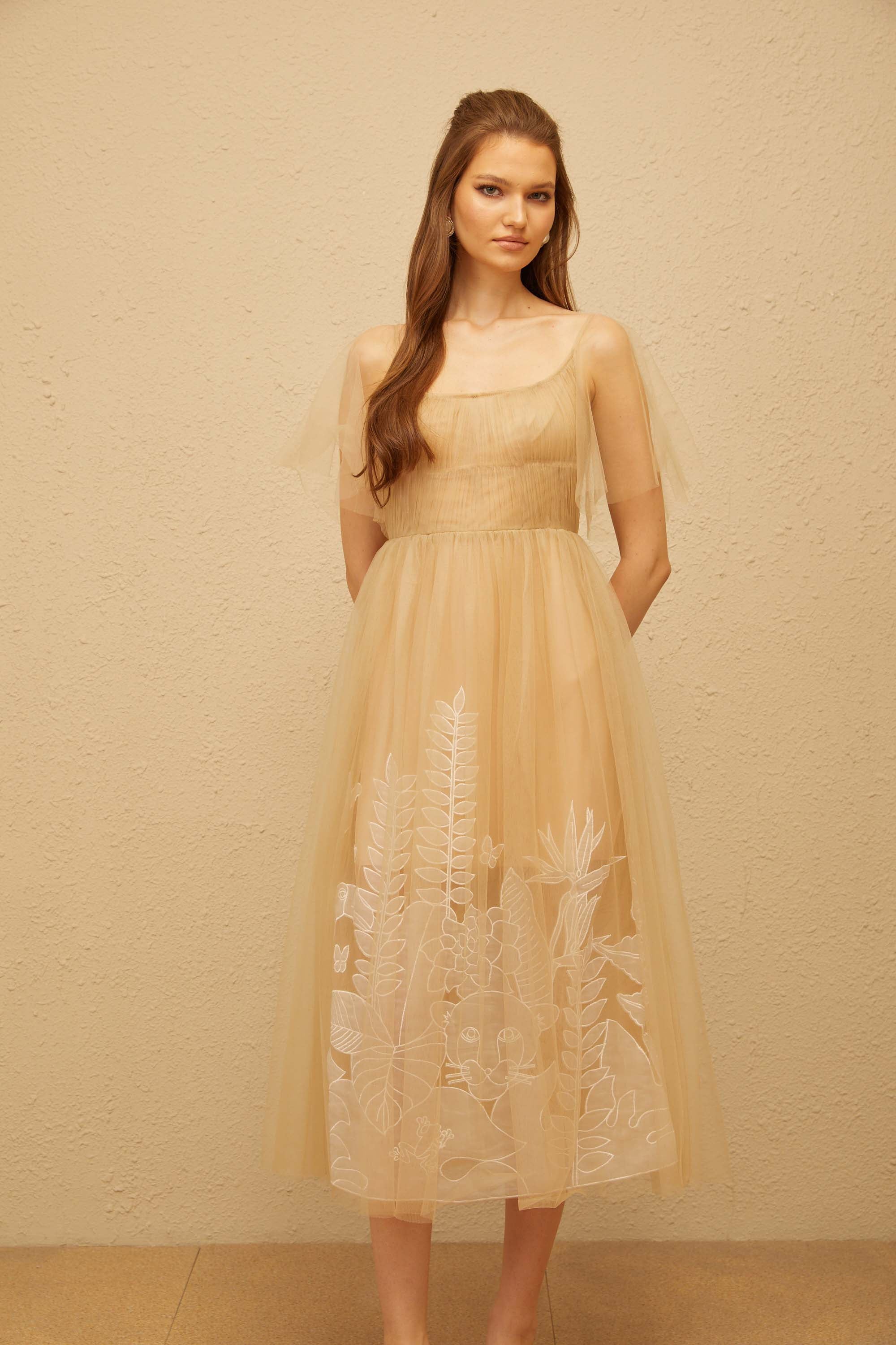 Blanka Neutral Pleated Jacquard Tulle Midi Dress